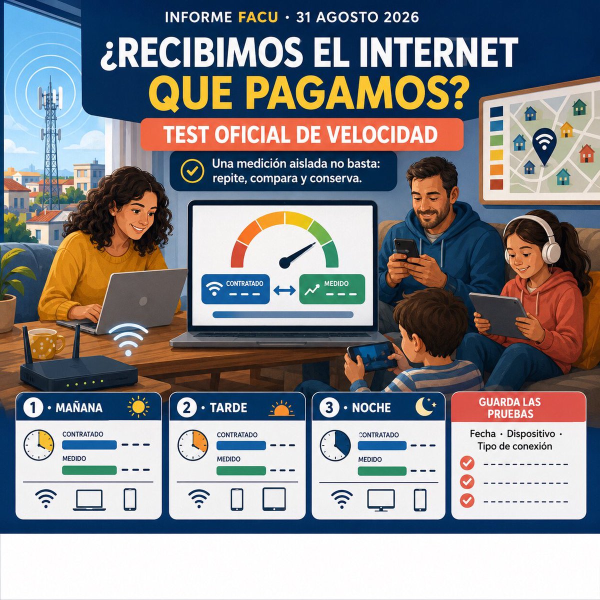 facufeder's tweet photo. 3. La CNMC mejora su herramienta oficial para comprobar la conexión a Internet

FACU / CECU. 2 septiembre 2026

El 25 de agosto, la CNMC actualizó su test oficial de velocidad. Ahora permite consultar mejor las mediciones, localizar antenas cercanas cuando se mide la red móvil y comparar información sobre los operadores de una zona. Actualización y acceso al test de la CNMC⁠.

Por qué importa: aporta una herramienta independiente para comprobar si la conexión doméstica se aproxima al servicio contratado y reunir datos antes de reclamar. Una medición aislada no demuestra por sí sola un incumplimiento: conviene repetirla, guardar los resultados y anotar fecha, dispositivo y tipo de conexión.

Idea práctica: realizar en “Familias conectadas” el taller «¿Recibimos el Internet que pagamos?», con tres mediciones en distintos momentos y una ficha para conservar las pruebas.

Aragón

Tras revisar las publicaciones oficiales posteriores al informe del 24 de agosto, no aparece una nueva norma, alerta o decisión aragonesa de suficiente relevancia que justifique incorporarla esta semana. Evito convertir anuncios menores o actividades ordinarias en falsas novedades.

Prioridad FACU: preparar primero la ficha sobre las nuevas garantías, porque comenzará a utilizarse en los comercios el 27 de septiembre; después, introducir el cálculo del coste total de las compras extracomunitarias.

Federación Aragonesa Consumidores y Usuarios.  FACU