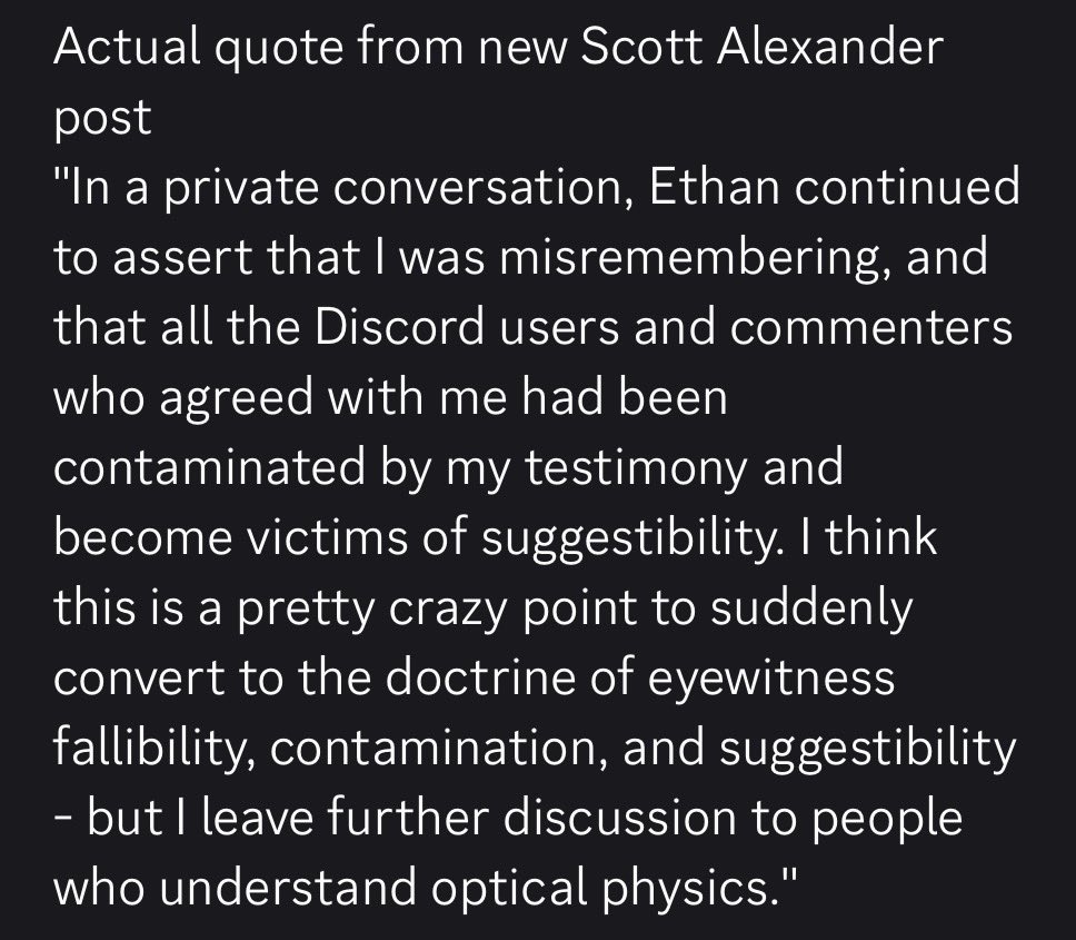 anti_realism_'s tweet photo. I guess “[bodying] Scott Alexander” means claiming Scott’s theory is physically impossible, insisting that anyone whose experience aligns with Scott’s theory is a victim of suggestibility, then quietly deleting the entire argument from your article when it’s shown to be untenable https://t.co/mPVOc5EfWU
