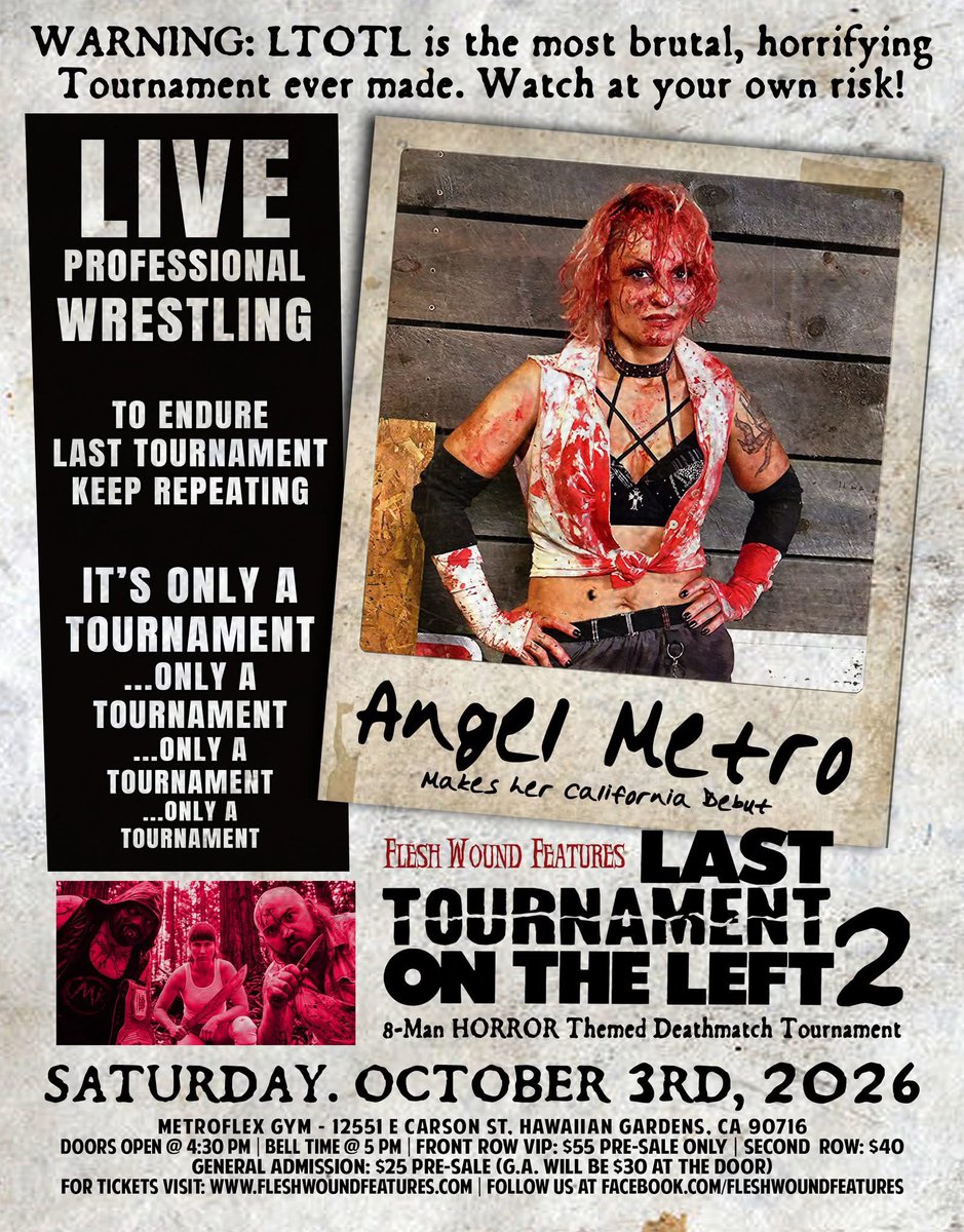 FleshWoundRadio's tweet photo. https://t.co/mPZXhxRqwX #LastTournamentOnTheLeft2 #LTOTL2 #AngelMetro #FinalGirl @PromoteHorror #DeathmatchWrestling #DeathmatchTournament #MichaelKrueger #DimitriAlexandrov #WomensWrestling #WomensDeathmatch #BCKiller #SoCalWrestling #CaliforniaWrestling https://t.co/z4Kj6kKijd