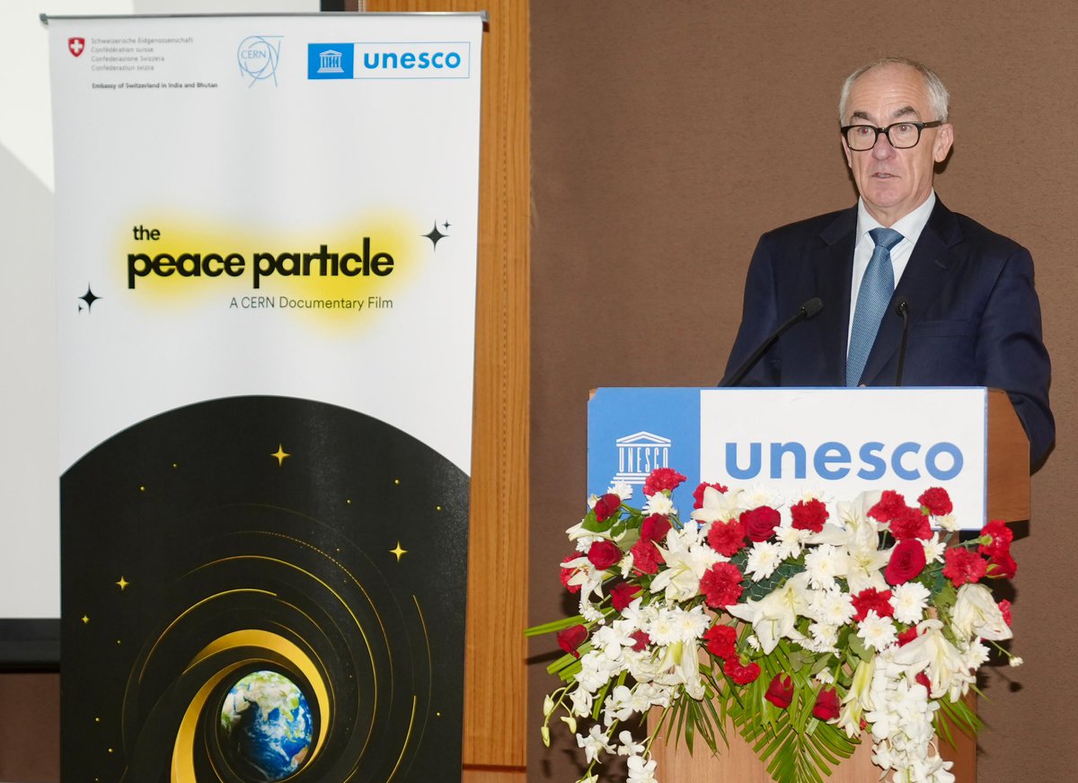 SwissEmbassyIND's tweet photo. The frontiers of #science are limitless. So are the possibilities of cooperation. 🌍🔬
 
The Embassy, @CERN &amp; @UNESCO brought leaders together for the dialogue- Science as a Force for International Collaboration &amp; Peace, followed by The Peace Particle, a film on CERN’s journey. https://t.co/REcVCy6lCJ