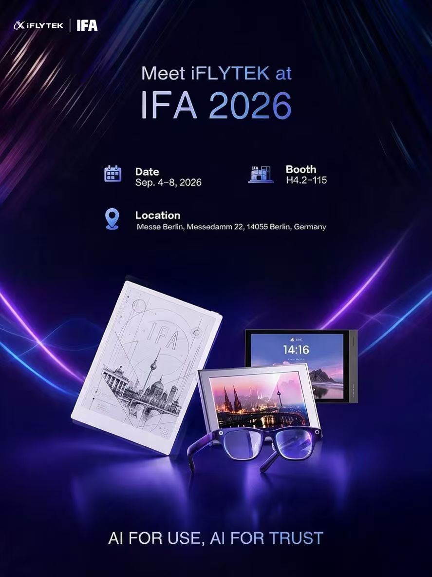 iflytek1999's tweet photo. Berlin, here we come! 🇩🇪✨

AI is no longer just a vision for the future — it’s becoming part of the way we work, live, and connect.
At IFA 2026, iFLYTEK will showcase practical AI innovations under the theme: AI FOR USE, AI FOR TRUST

Ready to experience AI in the real world?
📍Messe Berlin, Messedamm 22, 14055 Berlin, Germany
🗓️Sept. 4–8, 2026
🎟️Booth: H4.2-115
See you there! 
#iFLYTEK #IFA2026 #AI #Berlin