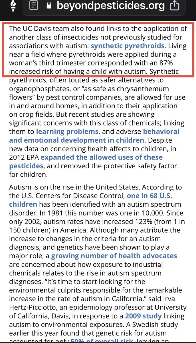 LaLaRueFrench75's tweet photo. WHOA!👇🏽

"Research from the University of California, Davis CHARGE (Childhood Autism Risks from Genetics and the Environment) study finds that pregnant women who lived within a mile of agricultural fields treated with insecticides are more likely to have their child develop autism."
👇🏽👇🏽👇🏽👇🏽🚨🚨🚨🚨🚨🚨
"The UC Davis team also found links to the application of another class of insecticides not previously studied for associations with autism: synthetic pyrethroids."
