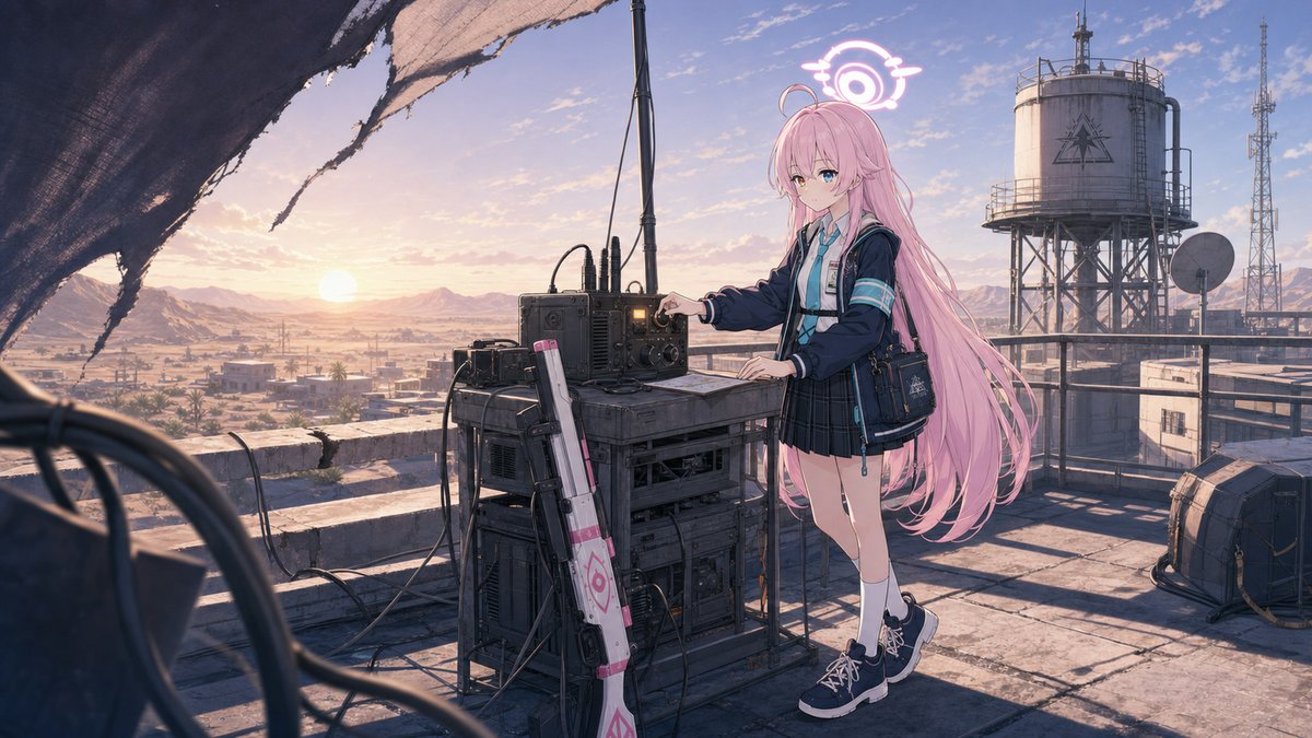 JunlingLiao's tweet photo. Fan-made Hoshino visual development — Dawn Signal Watch. Before Abydos wakes, one quiet relay check keeps the morning signal alive.

ファンメイドのホシノ・ビジュアル開発。Dawn Signal Watch。アビドスが目を覚ます前、ひとつの静かな中継点が朝の信号をつないでいる。

#BlueArchive #CharacterDesign #AIart os w