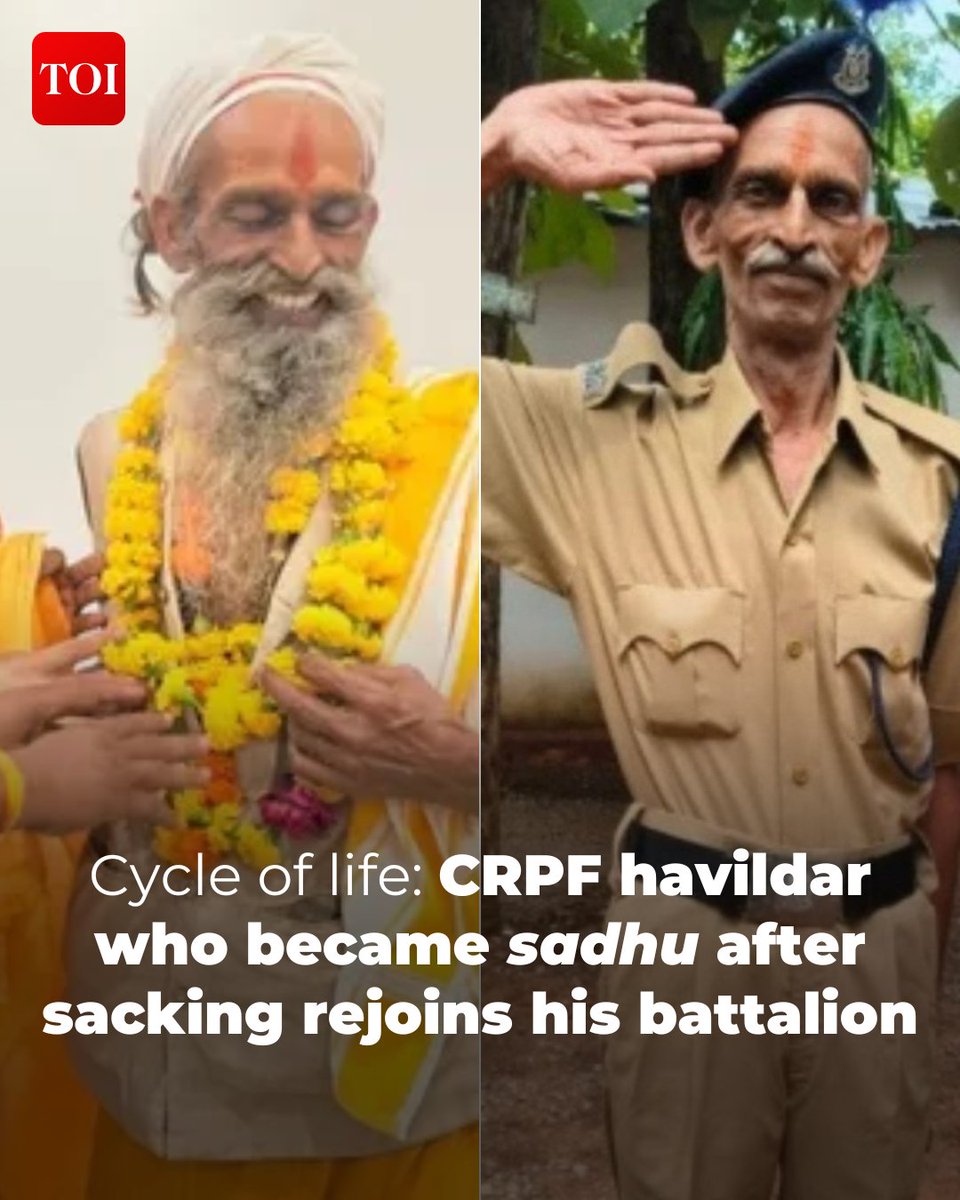 timesofindia's tweet photo. In 1999, a bicycle that Girvar Singh Tomar swears to this day never touched his officer's vehicle cost him his #CRPF uniform after nine years in the force. He returned to his native #Morena in #MadhyaPradesh, drifted into faith and, by 2001, was a member of Nirmohi Akhara. Switching to mustard robes, Baba Girvar Das lived as a sadhu in temples like Bara Dwari and Gufa Mandir for the next two decades while the courts heard his case.

Last week, at 54, Das's 27-year fight for justice ended with CRPF authorities complying with #Chhattisgarh high court's 2025 order to reinstate him.

Details here 🔗https://t.co/jyFpyLAaxB

Dive deeper into the story with the TOI App 👉 https://t.co/ogFaRsUKyn
