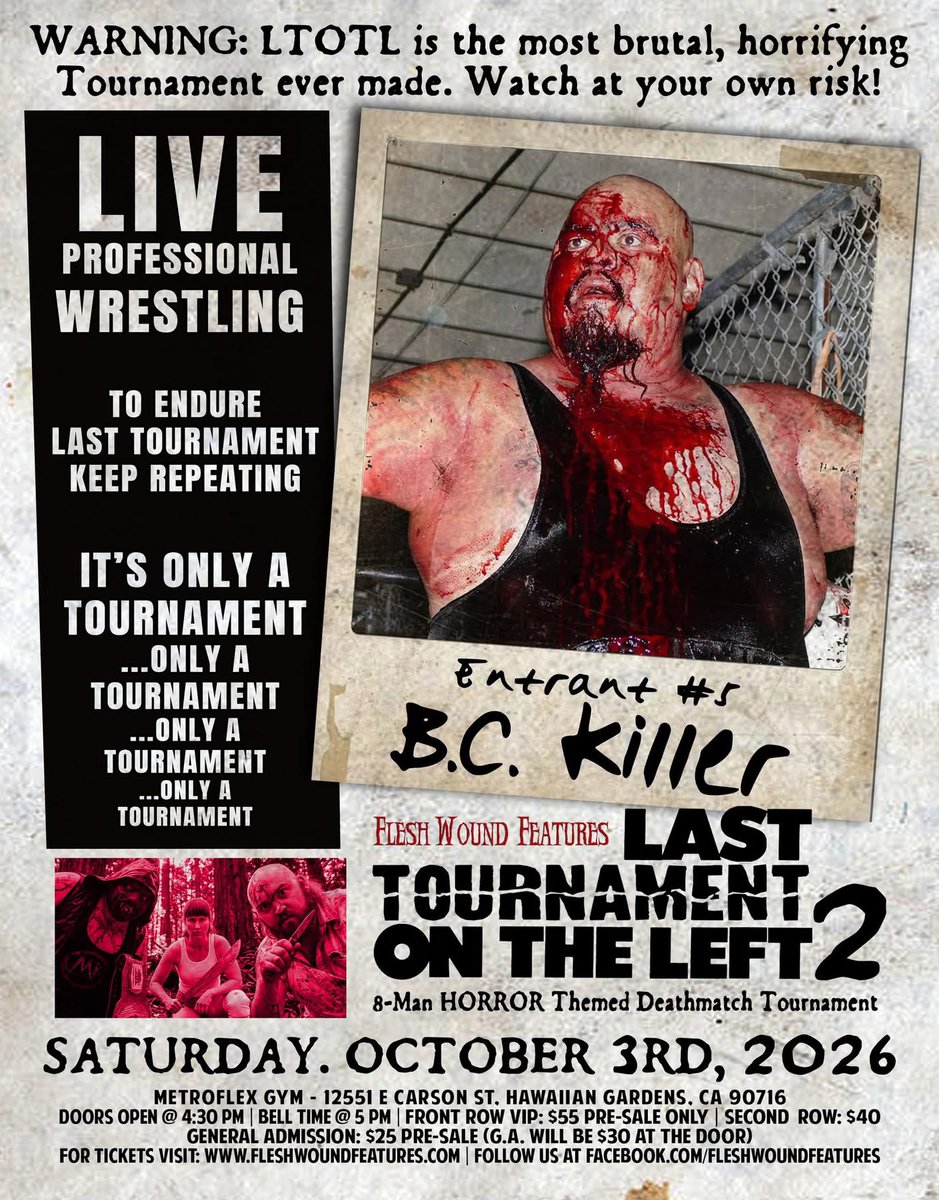 FleshWoundRadio's tweet photo. https://t.co/mPZXhxRqwX #LastTournamentOnTheLeft2 #LTOTL2 #BCKiller #DeathmatchWrestling #SoCalWrestling #LAEvents #HalloweenEvents #CaliforniaWrestling #DeathmatchTournament #Halloween #SpookySeason #MichaelKrueger #AngelMetro #DimitriAlexandrov #HardcoreHillbilly #LoisGrain https://t.co/hZp0P2zNF4