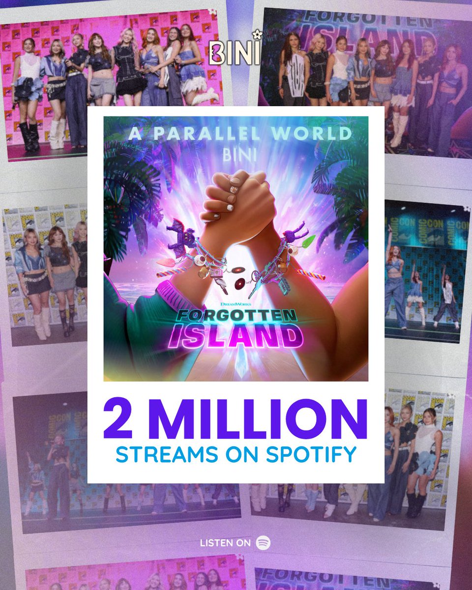 BINI_ph's tweet photo. We wrote our wish on the sand, and it came true!✨ A Parallel World has hit 2 MILLION streams on @Spotify! 🤩💜

Let’s keep riding the tide together! 🌊  Stream the song here: 
🔗 https://t.co/JXlXvTdYW5

#BINI #BINI_AParallelWorld #BINIXForgottenIsland https://t.co/u1QwM4mE5j