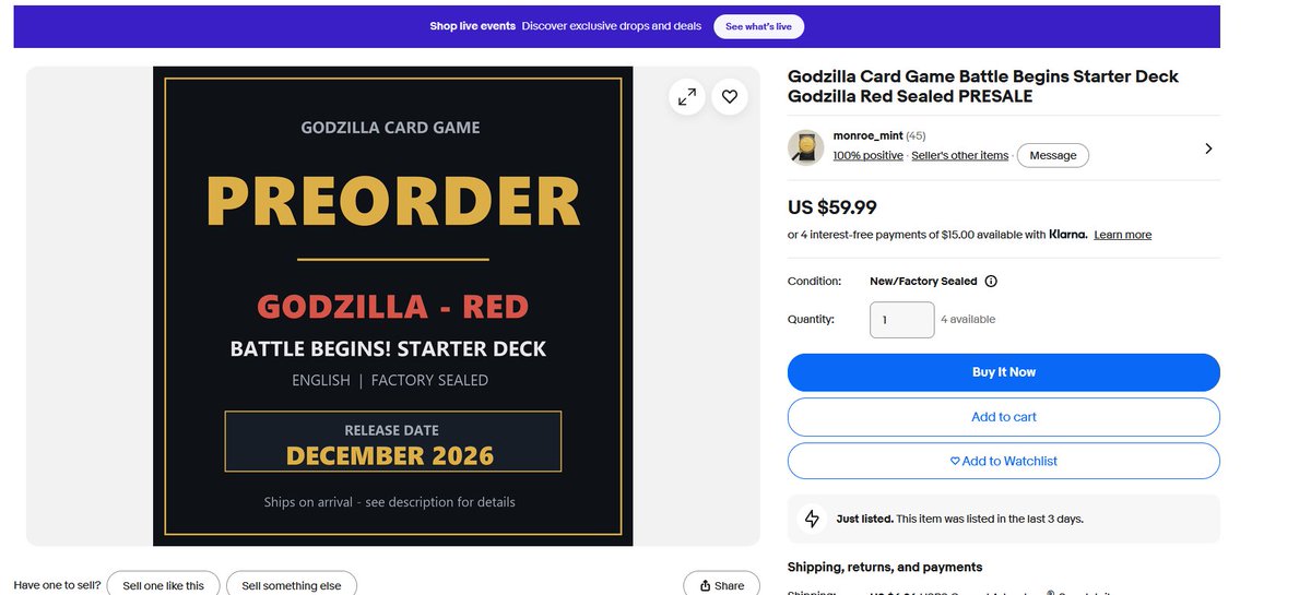 Gojicardgame's tweet photo. Listings like this are very upsetting to see, especially months out from the new product release. These are at least double MSRP. If anyone, regardless of where you are needs help finding these for REASONABLE prices, please hit me or anyone in the Discord up.

#GodzillaCardGame https://t.co/9x6u5vw6TN
