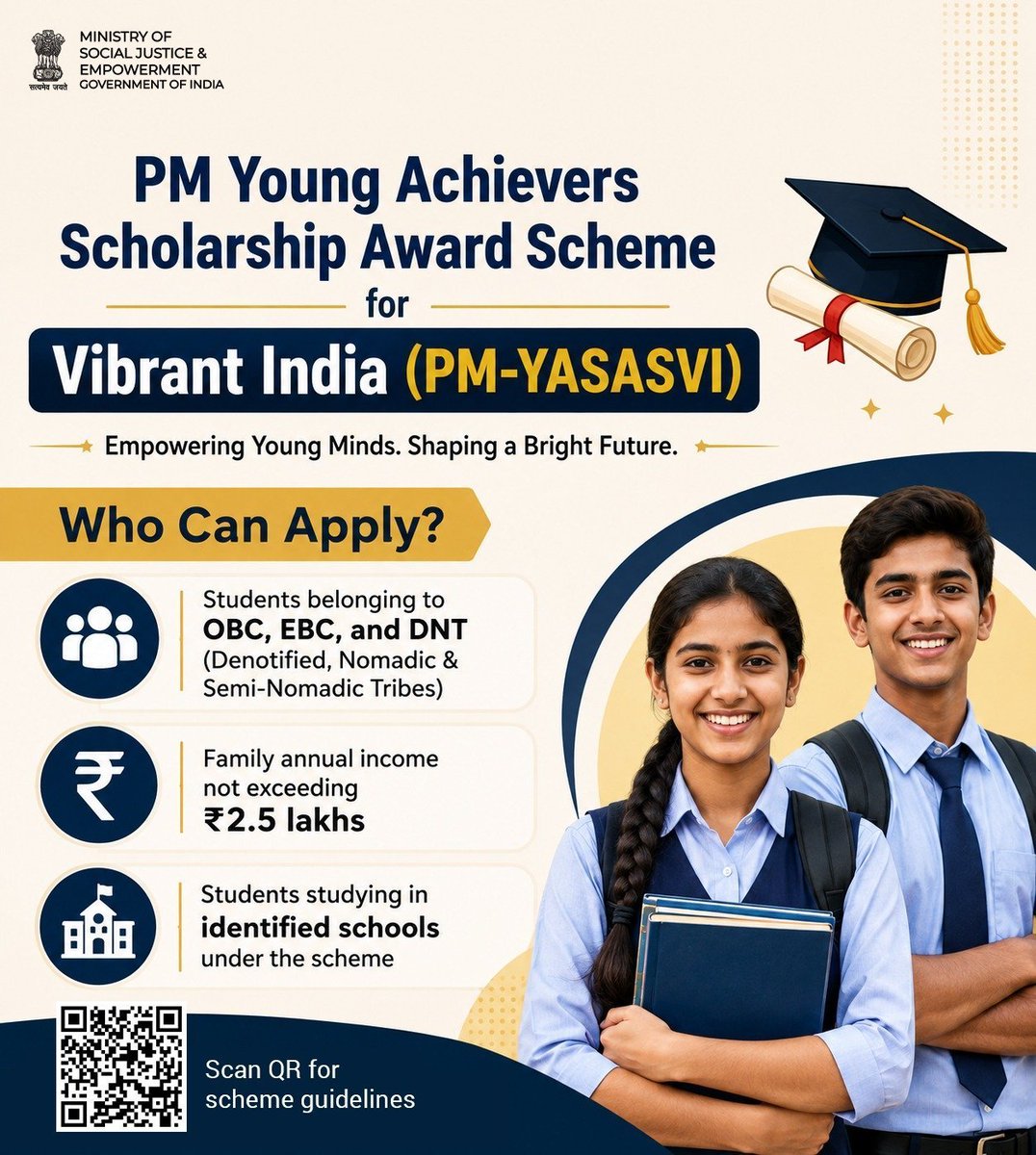 FobKolhapur's tweet photo. PM-YASASVI empowers young minds with scholarships for a brighter future. Scan the QR for scheme guidelines. #PMYASASVI

 @PIB_India @mygovindia @MIB_India @NISD_India @NSFDC_MOSJE @nbcfdc 
@cbcmhgoa https://t.co/xnyPGzhN2e