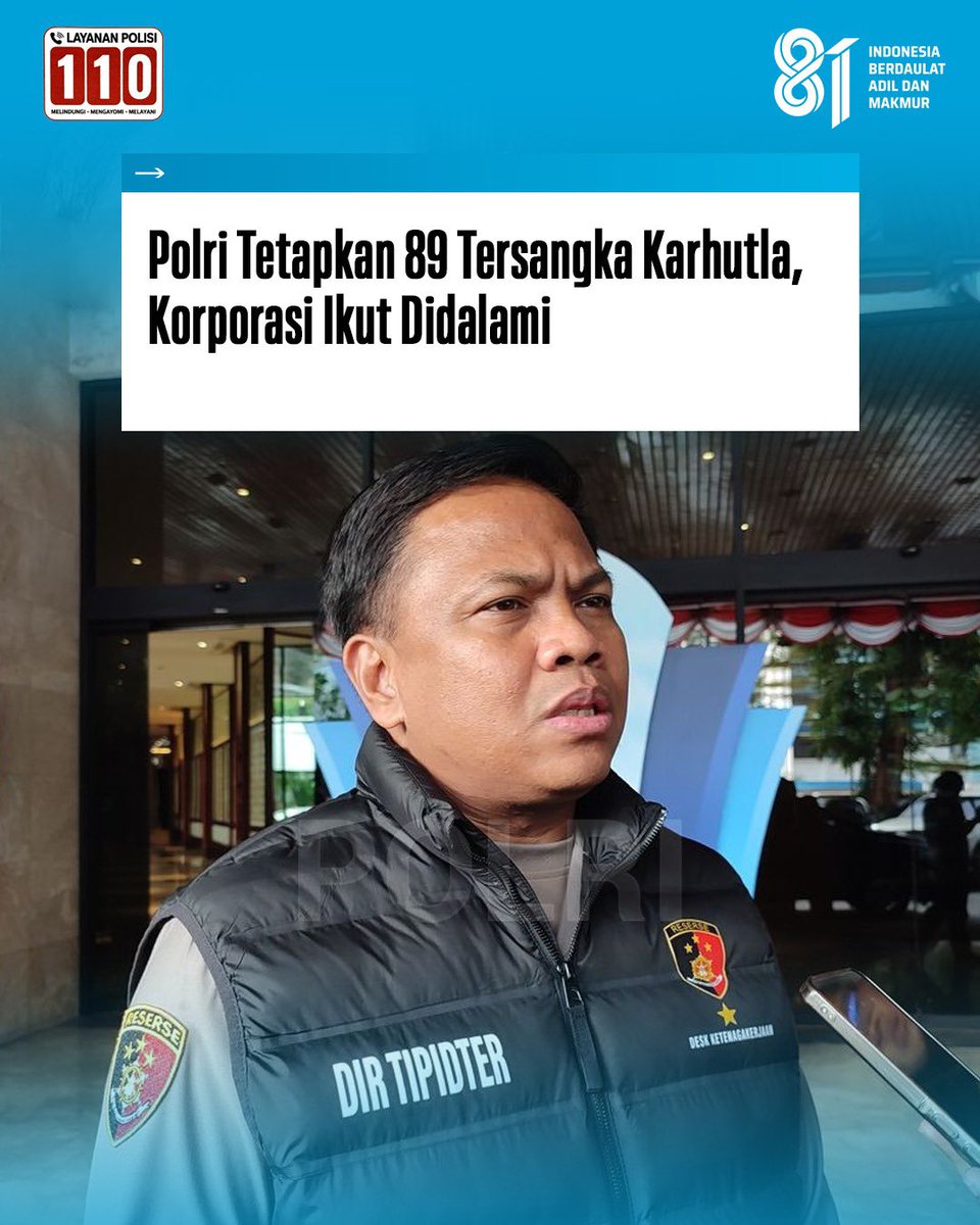 DivHumas_Polri's tweet photo. Polri menetapkan 89 tersangka perorangan dalam kasus kebakaran hutan dan lahan (karhutla) di sejumlah wilayah Indonesia hingga Sabtu (29/8), meningkat dari sebelumnya 72 tersangka. Penetapan tersangka dilakukan setelah polisi menerima 189 laporan dugaan karhutla dan terus melakukan penyelidikan serta pemeriksaan di berbagai lokasi kejadian. Polri juga mendalami kemungkinan keterlibatan korporasi dan memastikan pihak yang terbukti memerintahkan pembakaran akan diproses hukum. Langkah ini dilakukan di tengah meningkatnya kasus karhutla pada 2026, dengan 454 kejadian tercatat oleh BNPB dan luas lahan terbakar mencapai 202.010,96 hektare sepanjang Januari–Juli 2026.

“Kami intensif, proaktif mencari pelaku-pelaku yang melakukan pembakaran tentunya. Kurang lebih tersangkanya ada 89 per Sabtu kemarin. Jadi, meningkat dengan jumlah kemarin, itu seiring dengan aktifnya rekan-rekan dari Polda dan dari Dittipidter Bareskrim melaksanakan kegiatan asistensi,” ucap Dittipidter Bareskrim Polri Brigjen. Pol. Mohammad Irhamni, S.I.K., M.H., dikutip dari Tribratanews Polri, Selasa (1/9).