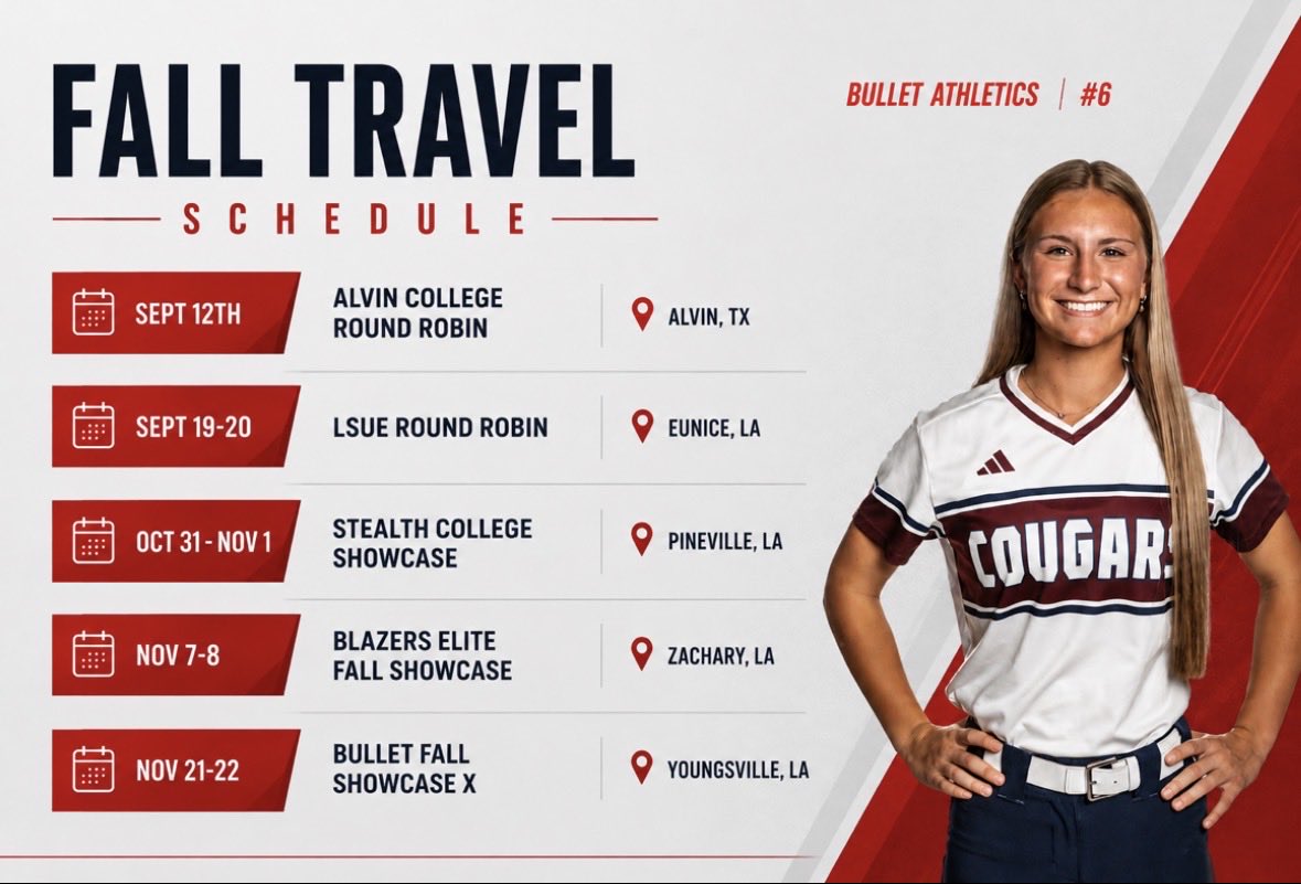 IsabellaNPrince's tweet photo. With September 1st bringing new opportunities, here is my 2026 fall schedule. I hope to see some familiar faces and meet some new coaches this season! #bulletstrong #cougars #2028 #september1st #outfield https://t.co/FOcLpgKdKC