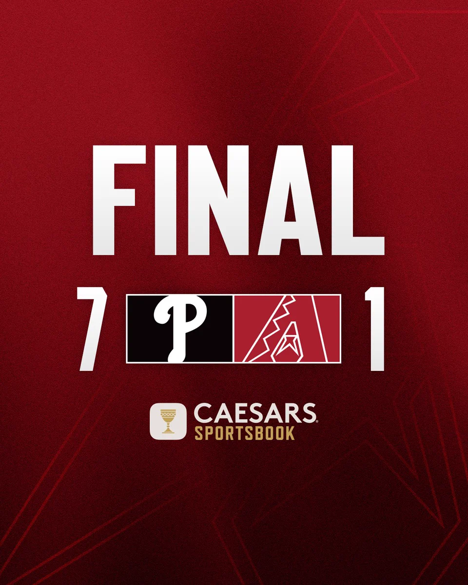 FINAL

Phillies (logo) - 7
Diamondbacks (logo) - 1

Caesars Sportsbook (logo)