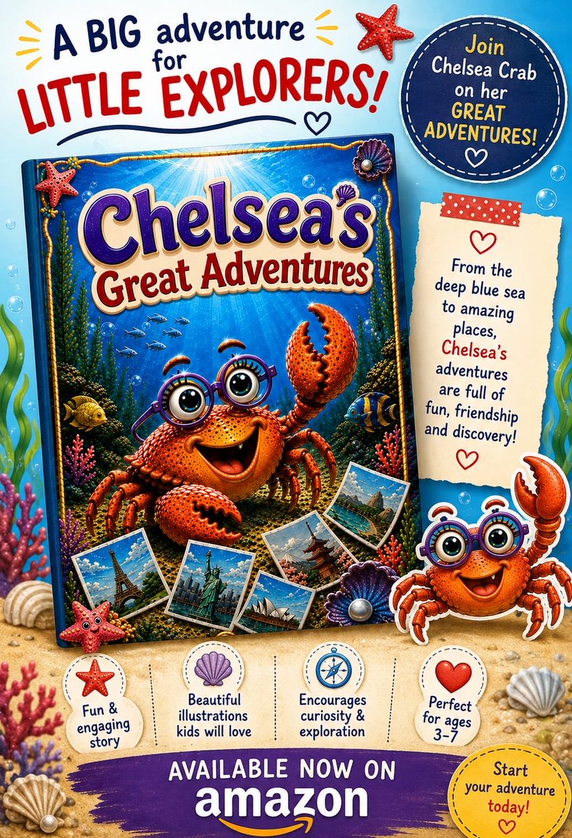 solihullfreegle's tweet photo. 🦀 A BIG adventure for little explorers! Meet Chelsea Crab — she can’t see without her glasses, but she sees the world in the most wonderful way! 🐠

Chelsea's Great Adventure — out now on Amazon! 📚
🔗 https://t.co/Viz5l90tzK https://t.co/uq4QXypfBc