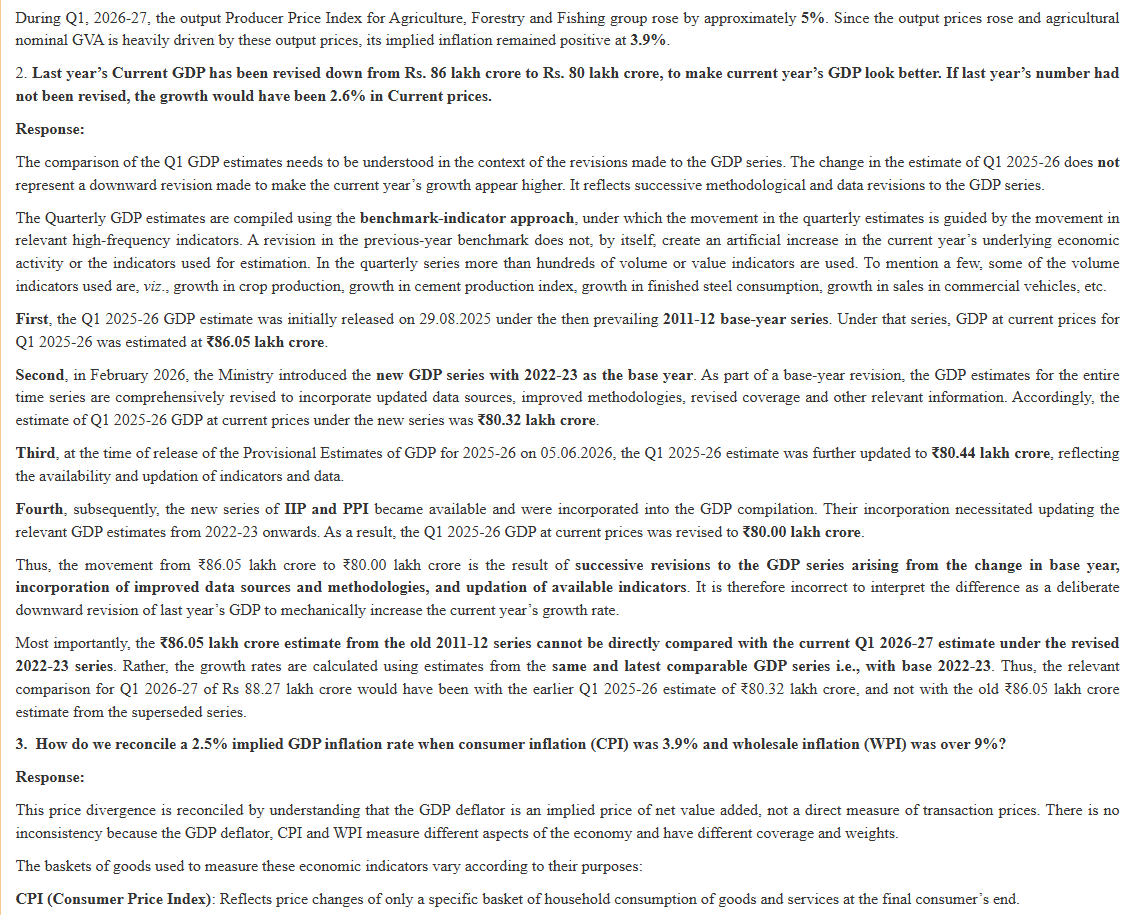 ANI's tweet photo. The Ministry has released the Updated Series of Annual and Quarterly GDP estimates with base year 2022-23 on 31st August 2026. These GDP Estimates were updated using New Series of Output Producer Price Index (PPI); Banking Services Price Index (BkSPI) with the base year 2022-23 and updated data from various administrative sources: Ministry of Statistics & Programme Implementation

The additional information being released now is mainly related to the adoption of double deflation methodology and consequent negative implicit deflators, its comparison with other deflation indices such as CPI and WPI, gap between nominal and real GVA/GDP, discrepancy between GDP estimates from production/income and expenditure side, comparison of new and old series growth rates, etc. To bring more clarity, the Ministry has brought out these additional questions and answers for the use of various stakeholders as per the Annexure: Ministry of Statistics & Programme Implementation