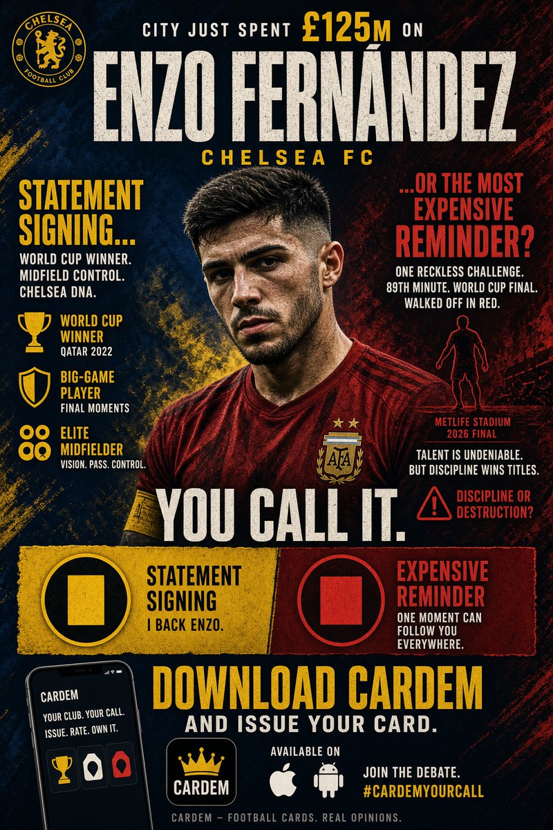CardemLtd's tweet photo. Transfer of the window, hangover of the summer. City got their man. Fans still haven’t finished the argument from New Jersey. Was that second yellow the right call?
Watch. React. Vote. Download Cardem and put a card on it.

https://t.co/h7PlKfDh0V

#EnzoFernandez #ManCity #Chelsea #TransferDeadlineDay #PremierLeague #WorldCup2026 #VAR #RedCard #YellowCard #Cardem #WatchReactVote #FootballDebate #MCFC #CFC #DeadlineDay