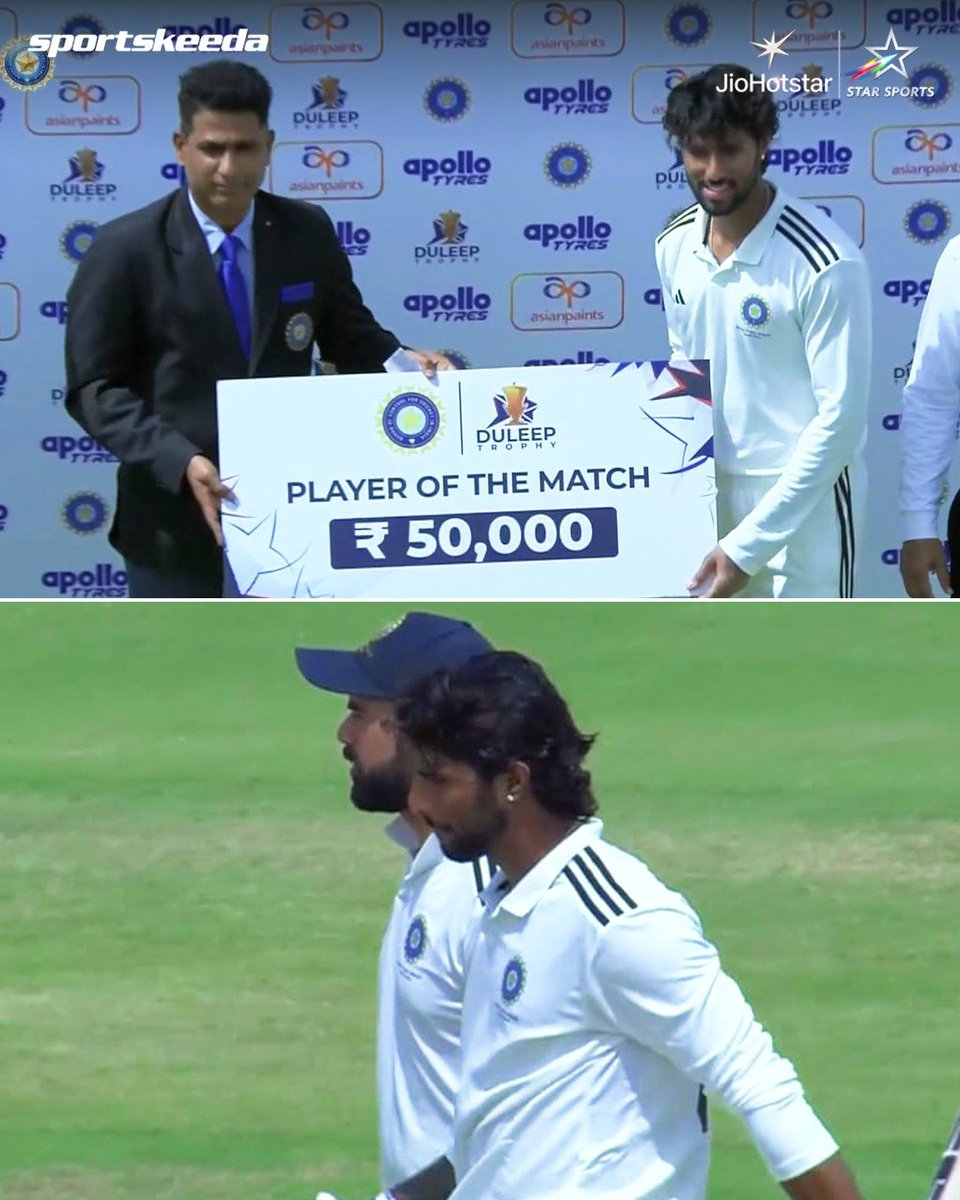 Sportskeeda's tweet photo. Hundred in the 1st innings. ✅
Fifty in the 2nd innings. ✅

Captain Tilak Varma has been named Player of the Match after a brilliant all-round batting performance in the Duleep Trophy semi-final against North Zone. 🥇🔥

What a performance from the captain! 🫡

#Cricket #TilakVarma #DuleepTrophy