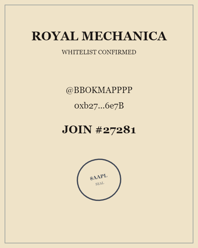 bbokmapppp's tweet photo. Just joined the Royal Mechanica whitelist.
Join #27281
@RoyalMechanica https://t.co/n8AKC8A0aU