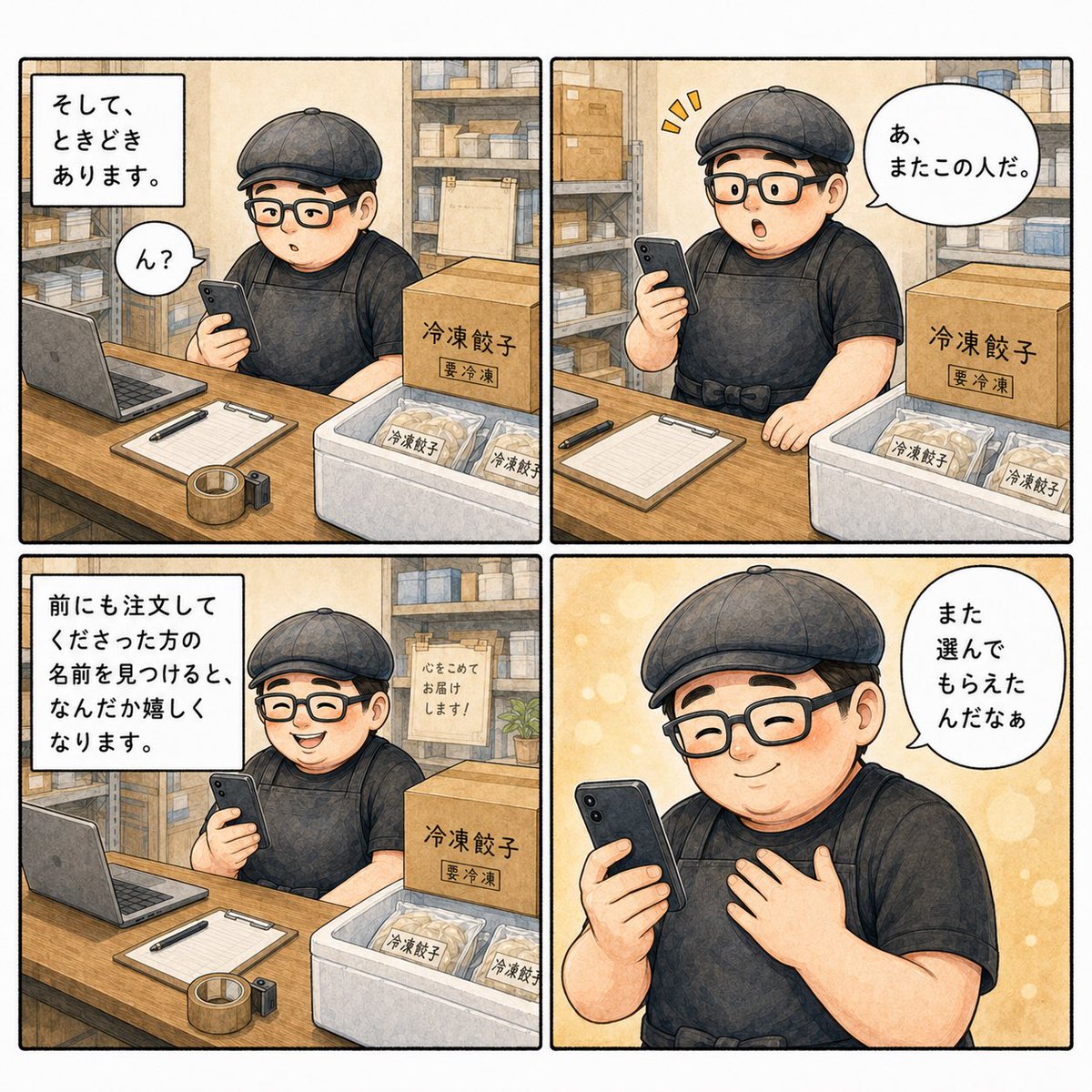 irodorigyoza's tweet photo. 通販の注文って何回入っても少し不思議です。

送り先を見て「こんな遠くから」と驚いたり
「あ、またこの人だ」と嬉しくなったり。

顔は見えなくてもちゃんと誰かにつながっている。

箱を閉じながらその先の食卓を想像しています。
次にお届けするのはあなたかもしれません笑 https://t.co/bH9jxlBy2C