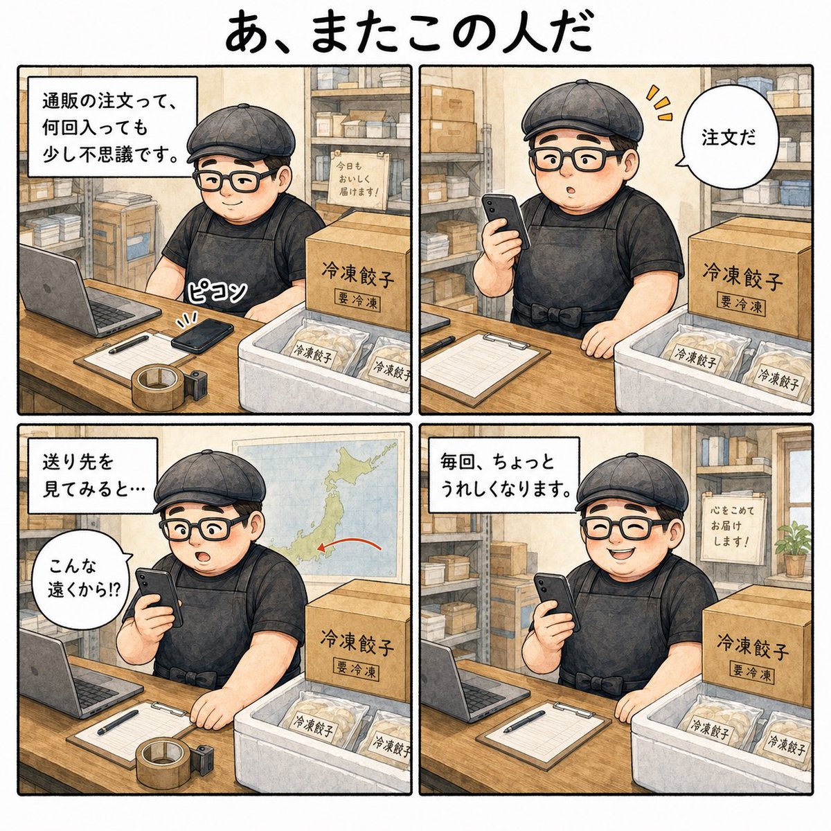 irodorigyoza's tweet photo. 通販の注文って何回入っても少し不思議です。

送り先を見て「こんな遠くから」と驚いたり
「あ、またこの人だ」と嬉しくなったり。

顔は見えなくてもちゃんと誰かにつながっている。

箱を閉じながらその先の食卓を想像しています。
次にお届けするのはあなたかもしれません笑 https://t.co/bH9jxlBy2C