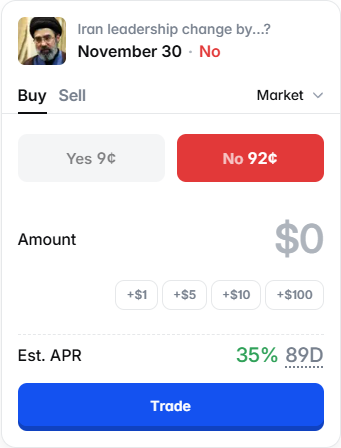 polymarketAPR's tweet photo. ~35% APR at 92¢ if “Iran leadership change by November 30?” resolves NO on Dec 1, 2026. https://t.co/k3F1RojdnR