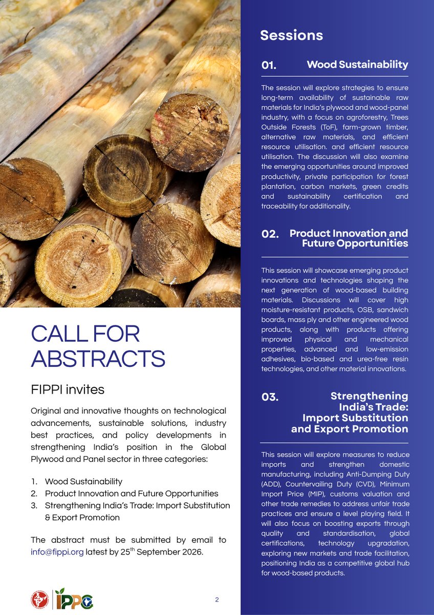 federationfippi's tweet photo. FIPPI presents the Indian Plywood &amp; Panel Congress (IPPC) 2026 on 2 Nov 2026 | New Delhi.
Call for Abstracts under:
🌱 Wood Sustainability
🏗️ Product Innovation
🌍 Strengthening India's Trade

Deadline: 25 Sept 2026
📩 info@fippi.org
#IPPC2026 #FIPPI #Plywood #Agroforestry https://t.co/Uiz0CLPsuN