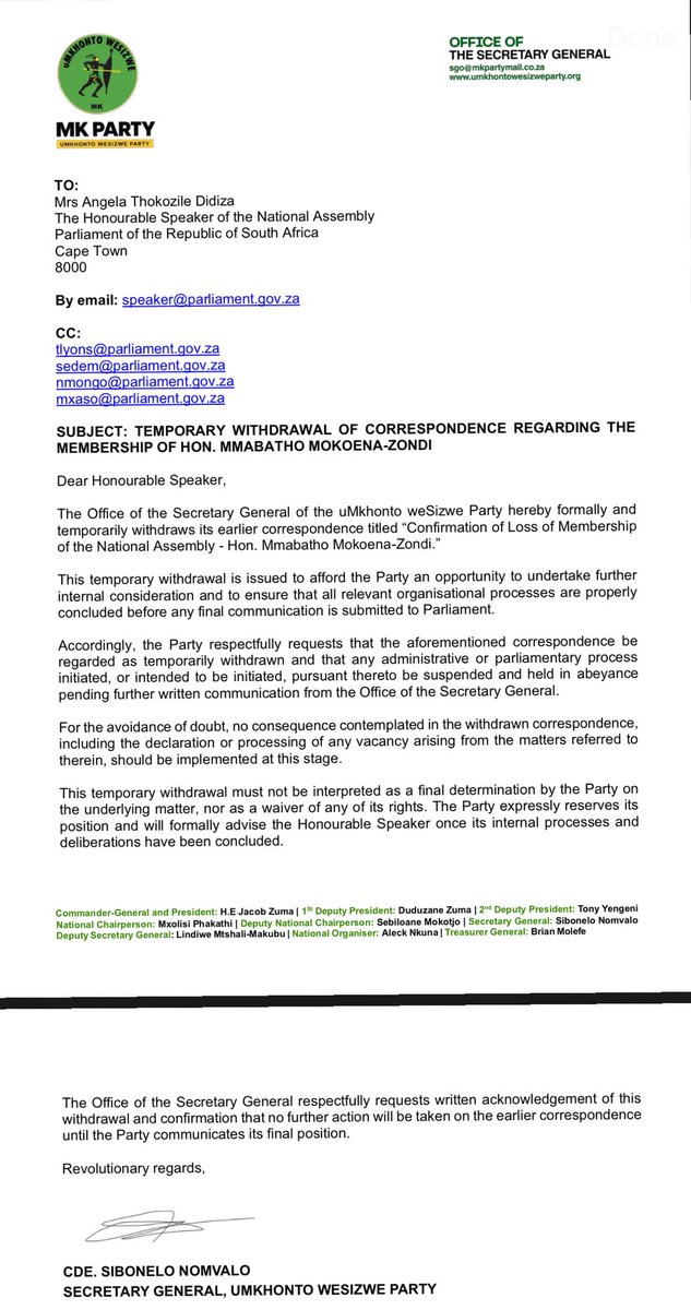 ApostleDeza's tweet photo. [BREAKING NEWS] 

NOMVALO TURNS UP THE HEAT ON ZUMA‼️‼️‼️

The MK Party drama deepens as the Intelligence Report reveals that Secretary-General Sibonelo Nomvalo has allegedly instructed Jacob Zuma to withdraw the termination of Zondi’s membership in Parliament and reinstate her as Chief Whip.

The development comes amid allegations that Nomvalo is threatening to expose alleged mismanagement of party funds, with claims implicating the party’s President, Jacob Zuma.

It is further alleged that evidence relating to the financial misconduct claims appears in the court papers of Dr Tshabalala and the other guy I don’t know his name, who is reportedly preparing to challenge the termination of their MK Party membership in court.

The battle for control inside the MK Party continues. And ohhh Bazelwane😩 we love it for them. 

We will be there! 😭😭🙌🏾 Gwaza Mkhonto Gwaza!🤙🏾