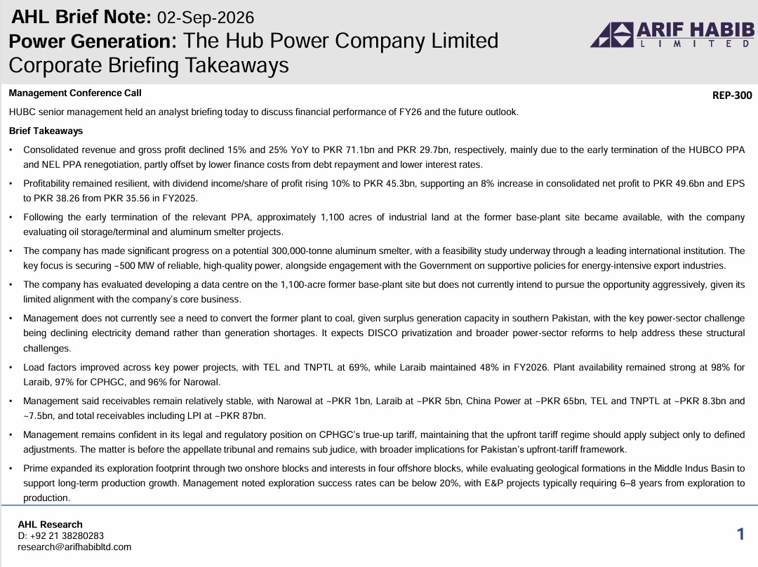 ArifHabibLtd's tweet photo. Brief Note - HUBC Corporate Briefing Takeaways
#KSE100 #PSX #Equities #Pakistan #HUBC https://t.co/wFV0LdQ5Fa