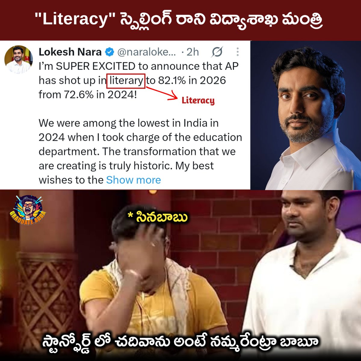 GraduateAdda's tweet photo. Literacy స్పెల్లింగ్ రానోడు మన విద్యాశాఖ మంత్రి 🙏 https://t.co/dg0WFqIrNI