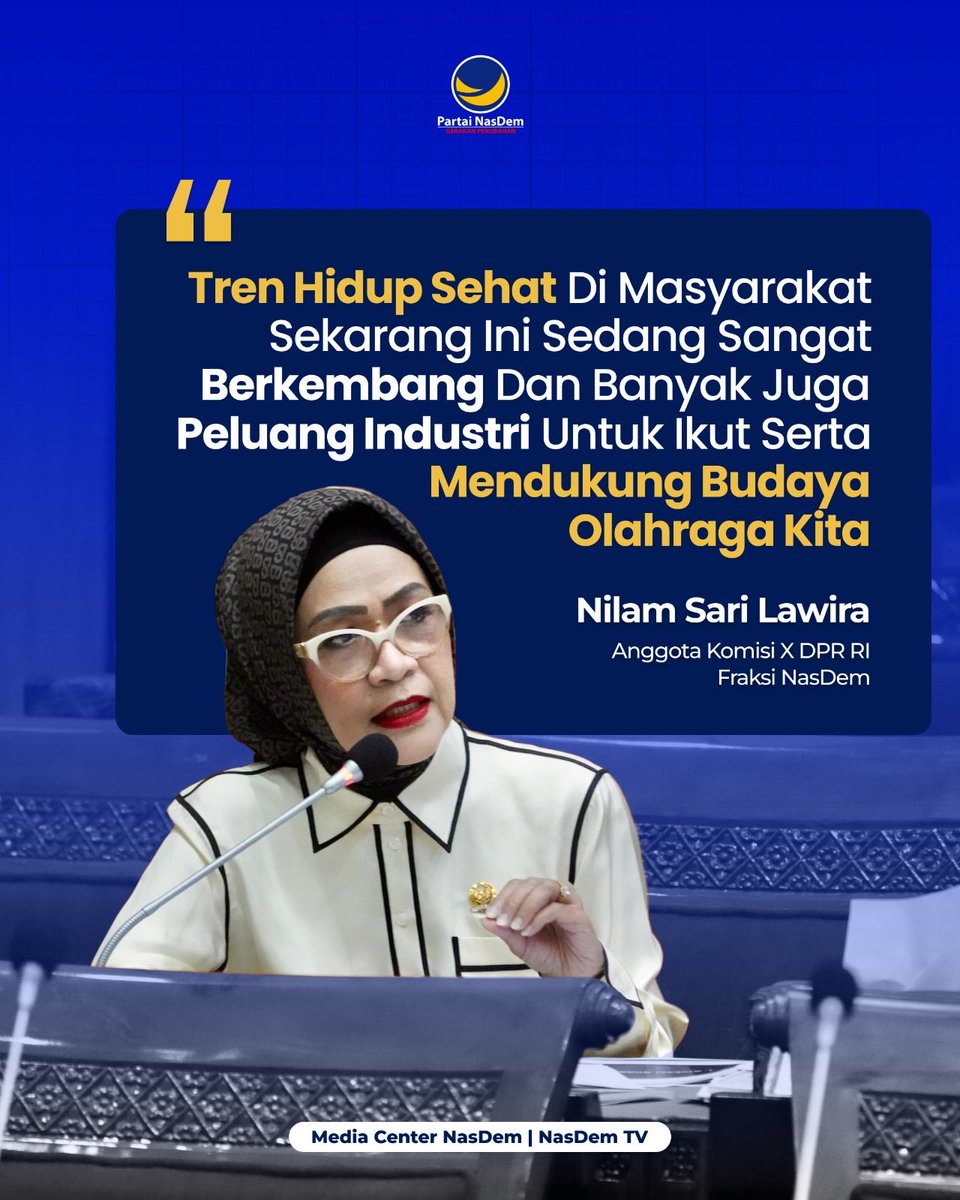 NasDem's tweet photo. Anggota Komisi X DPR RI dari Fraksi NasDem, Nilam Sari Lawira, mendorong sinergi antara tren olahraga dan sektor industri untuk memperkuat ekosistem olahraga nasional.
#NasDem #OlahragaIndonesia #GayaHidupSehat https://t.co/C2CumF52bU