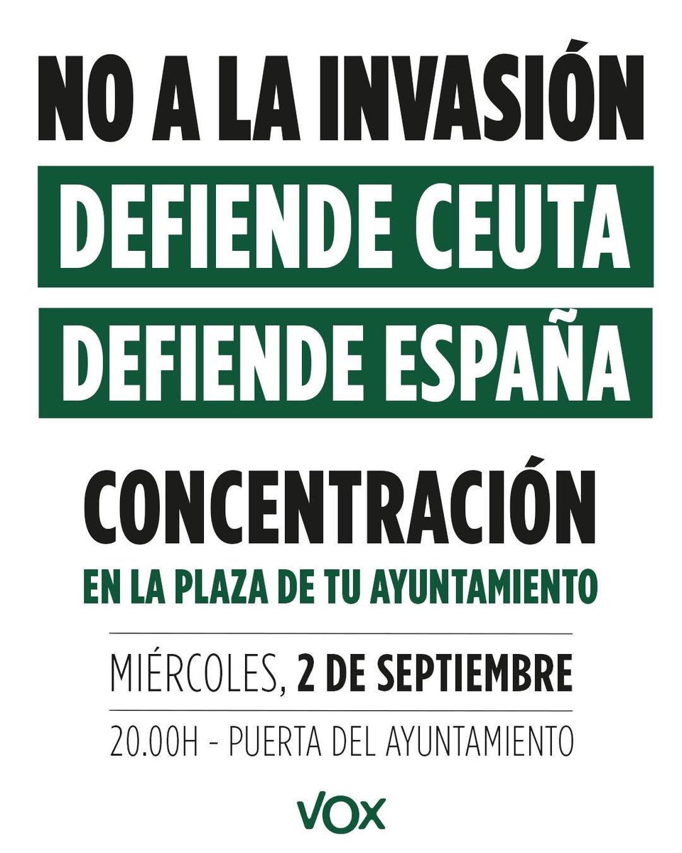 TrashorrasVOX's tweet photo. Nos vemos esta tarde a las 20h en la puerta del Ayuntamiento de @aytodoshermanas en repulsa de la invasión de #CeutaEsEspaña 
Vamos nazarenos, todos con @ElPueblodeCeuta https://t.co/zGznXvD9mr