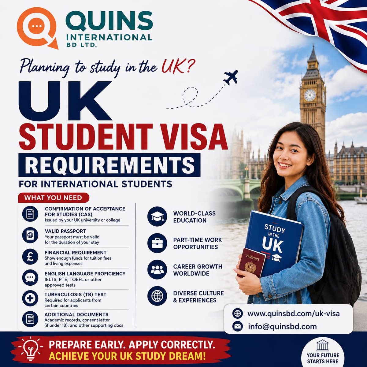 Quinsbd's tweet photo. Your UK Degree Journey Starts Here! 

Dreaming of studying in the UK? Let Quins International simplify your student visa process—from document verification to financial guidance and visa submission.

Study in the UK. Build your global future.
+880 1334928540 
info@quinsbd.com https://t.co/P1nPCY7SX9