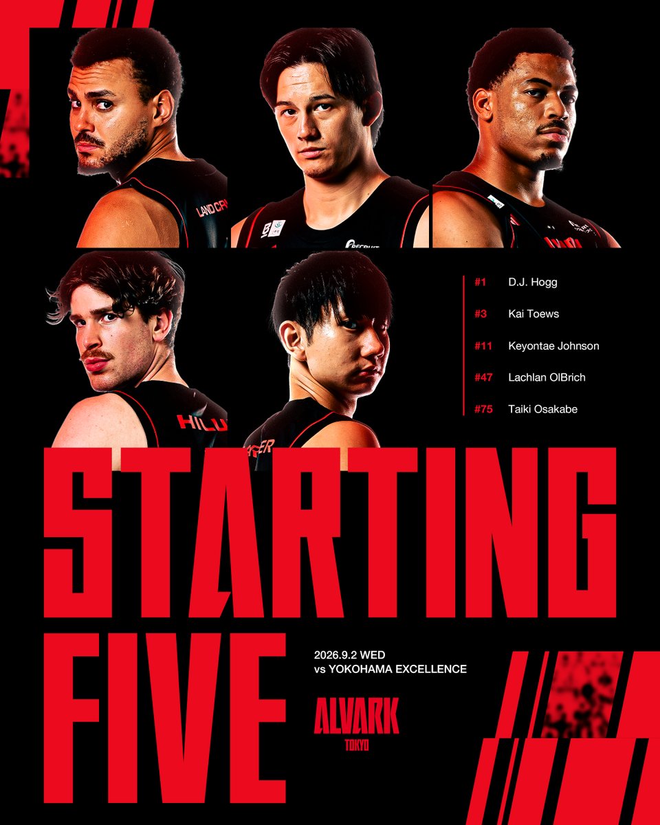 ALVARK_TOKYO's tweet photo. 𝐓𝐎𝐃𝐀𝐘'𝐒 𝐒𝐓𝐀𝐑𝐓𝐈𝐍𝐆🖐️
vs 横浜エクセレンス

#1 ディー・ジェイ・ホグ
#3 テーブス海
#11 キヨンテ・ジョンソン
#47 ラクラン・オルブリッチ
#75 小酒部泰暉

#WEともに挑む https://t.co/ubXPotX7JK