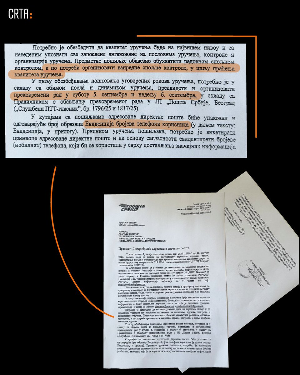 CRTArs's tweet photo. ‼️Imamo primer „totalne“ zloupotrebe javnih resursa u cilju političke promocije. Zloupotrebljeni su Republički fond za penzijsko i invalidsko osiguranje i jedno celo veliko javno preduzeće – Pošta Srbije. ‼️

⚠️Predsednik Srbije piše svim penzionerima i korisnicima socijalnih davanja Srbije. Sadržaj pisma je nedvosmislen primer političke (predizborne) agitacije. Istovremeno, od poštara se zahteva da od primalaca pisma, uz ime i prezime, prikupe i brojeve telefona i potpise suglasnosti za primanje daljih obaveštenja – možda novih političkih poruka? Kako saznajemo od zaposlenih u Pošti Srbije, RFZO je naručilac posla. 

⁉️Da li to znači i da snosi troškove ove masovne akcije? Ili troškove snosi sama Pošta Srbije? Partijska borba za duše penzionera i socijalno ugroženih građana plaća se državnim ili javnim novcem – posredno i novcem samih tih građana.