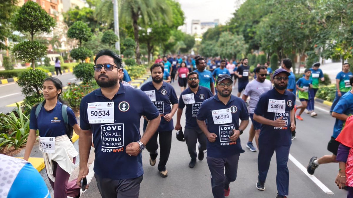 mkaindia's tweet photo. 🏃‍♂️ Running for Peace, Unity &amp; Brotherhood! 🕊️

The Youth of the Ahmadiyya Muslim Community, #Hyderabad , once again participated in the NMDC Hyderabad #Marathon 2026.

With the slogans #StopWW3 &amp; “Love for All Hatred for None,” 
#mkabharat https://t.co/q6yWRNeHgn