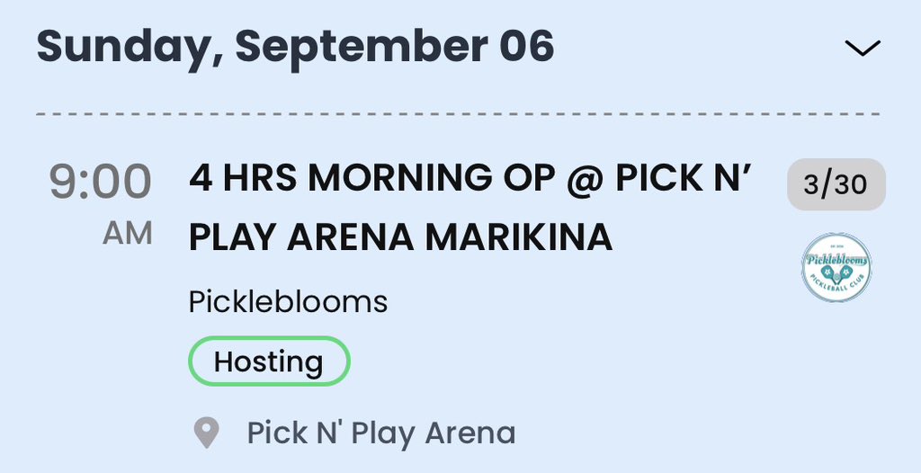 pickleblooms's tweet photo. Pickleball weekend? Taraaa, Blooms! 🤩

4 HRS MORNING OP @ PICK N’ PLAY ARENA MARIKINA
⏰ Sun, Sep 6 9:00 AM
📍 Pick N' Play Arena

RSVP: https://t.co/cADlxJQemX https://t.co/lPT0XpMU1S