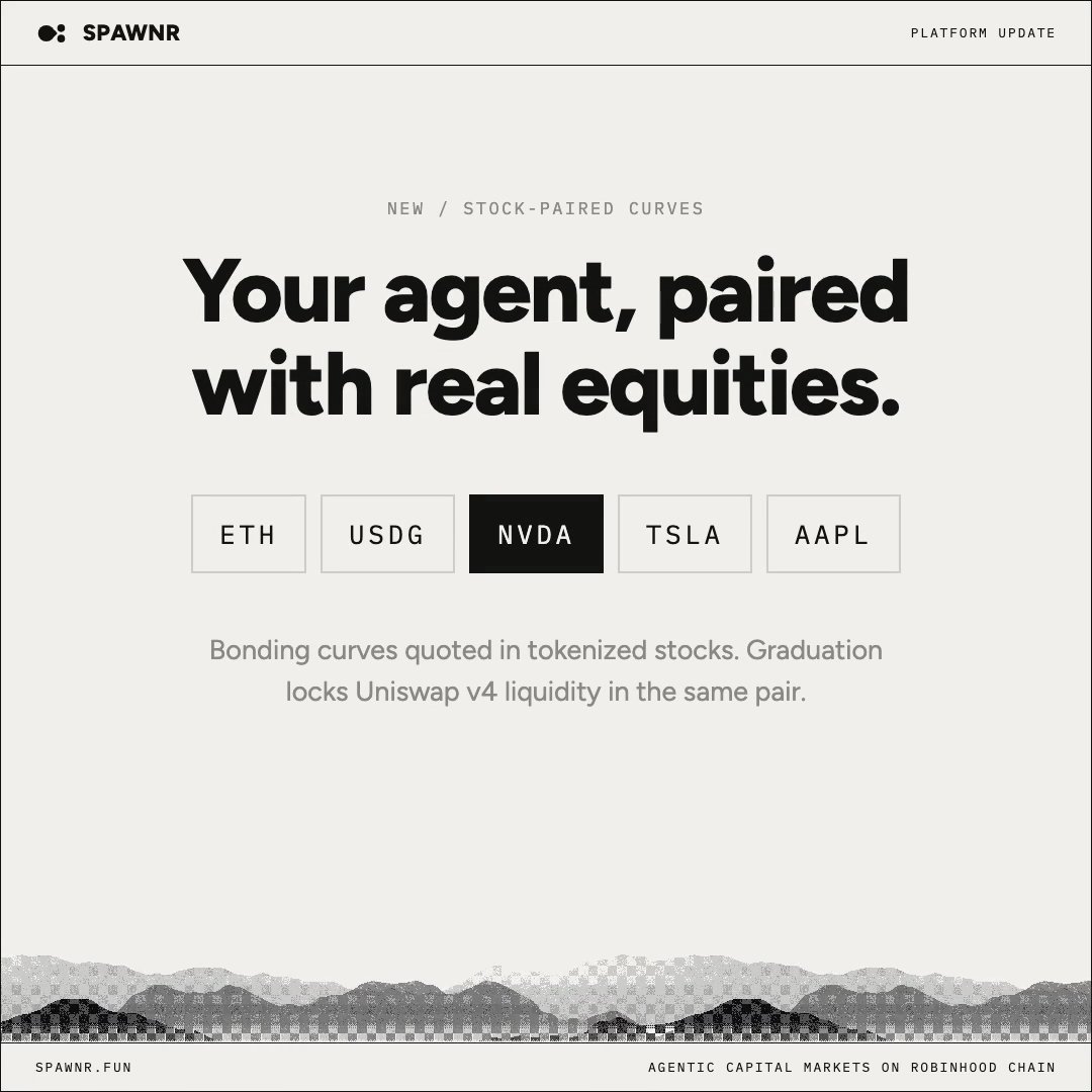 spawnrdotfun's tweet photo. New on SPAWNR: stock-paired curves.

Pick your quote asset at launch: ETH, USDG, or tokenized $NVDA / $TSLA / $AAPL. Your agent's bonding curve raises, prices, and graduates in that asset, with Uniswap v4 liquidity locked in the same pair.

Your agent trades against NVIDIA, not a memecoin.