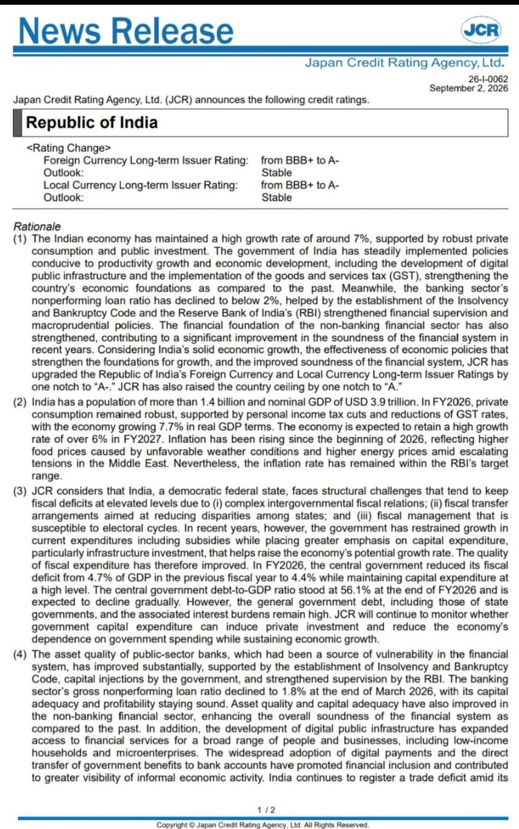 DevashishShekh5's tweet photo. Japan Credit Rating Agency has upgraded India’s sovereign rating from BBB+ to A-, with a Stable Outlook.

Behind the letter lies a larger story: 7.7% growth, stronger banks, fiscal consolidation, robust domestic demand and resilient financial foundations. https://t.co/u6Trgz3BbQ