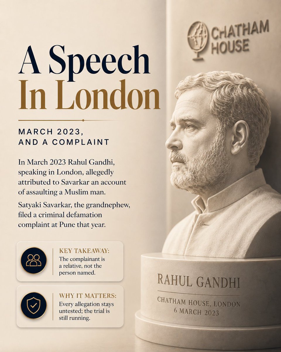 BandJAssociates's tweet photo. Can you defame the dead?
In Pune, Rahul Gandhi’s 2023 London remarks about V.D. Savarkar are now being tested in cross-examination.
But the bigger legal question is:
What happens when the person allegedly defamed is dead?
Explanation 1 to Section 499 IPC begins the answer.
1/3 https://t.co/LR9gFfhiLu