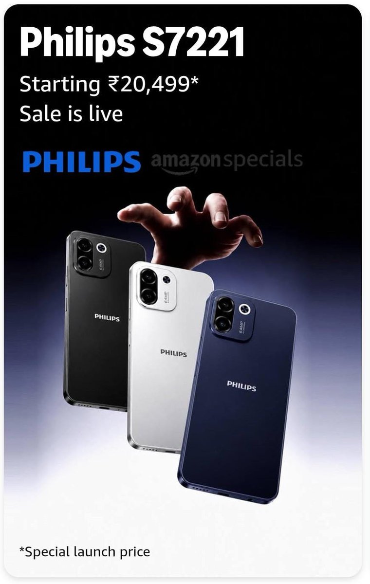 stufflistings's tweet photo. Philips S7221 launched in India. 

6GB + 128GB: ₹20,499
8GB +128GB: ₹22,499

- 6.67-inch 120Hz HD+ IPS LCD
- Spreadtrum (UNISOC) T765
- 64MP rear
- 16MP front
- 5700mAh, 18W
- Android 16
- Side-mounted fingerprint scanner
- Hybrid Dual SIM + microSD
- 5G, 4G LTE, Wi-Fi 5, GPS
- USB Type-C
- Black, Blue, Grey