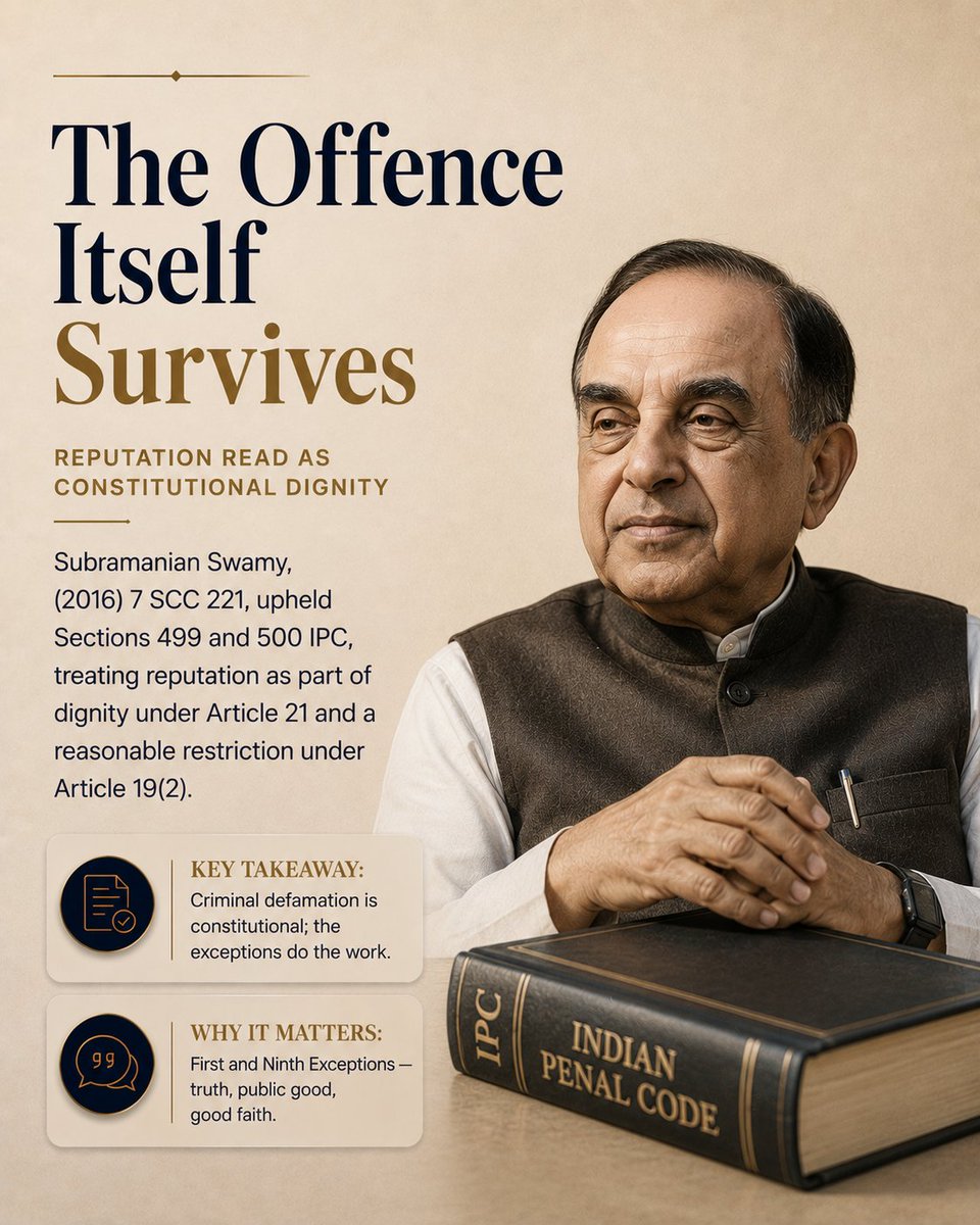 BandJAssociates's tweet photo. Criminal defamation itself survived constitutional challenge in Subramanian Swamy v. Union of India (2016).
But:
Cognisance ≠ guilt.
Standing ≠ proof.
Procedure ≠ merits.
The real story is what happens after the gates are crossed.
3/3 https://t.co/guFFOr5r23