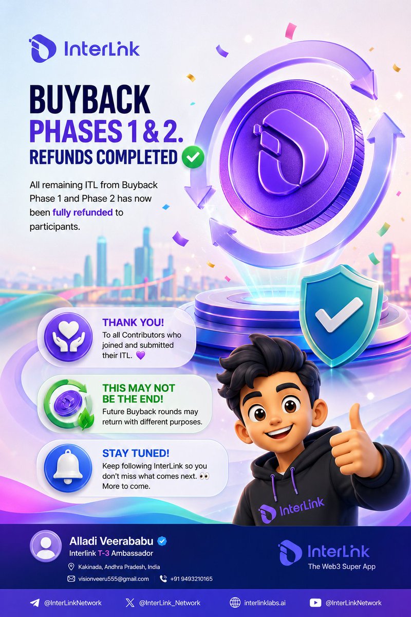 VisionVeeru555's tweet photo. Buyback Phases 1 &amp; 2 are officially complete! ✅💜

All remaining ITL has been fully refunded to participants. Thank you to every Contributor who took part. 🙌

Could this be just the beginning? 👀 
More to come!

#InterLink #ITL #ITLG #10MLinkers @reina_itl https://t.co/OXOwMq7ASw