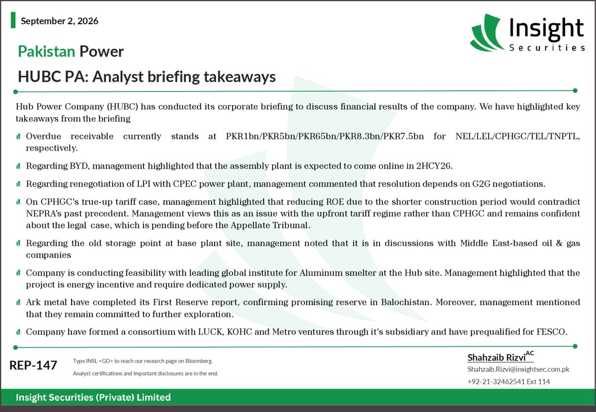 InsightSecurit4's tweet photo. Pakistan Power
HUBC PA: Analyst briefing takeaways
#HUBC #PSXStocks #CPEC #BYD #OilAndGas https://t.co/6HMLtQozww