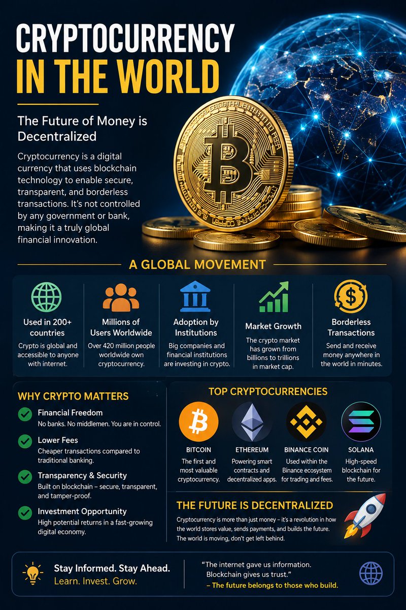 HumbleEboro's tweet photo. 🌍 CRYPTOCURRENCY IN THE WORLD 💰🚀
Cryptocurrency is changing the way people think about money, payments, investment, and financial freedom.

#Cryptocurrency #Crypto #Bitcoin #Blockchain #Ethereum #DigitalCurrency #CryptoWorld #Finance #Investment #Web3 https://t.co/wuRYIyW4ww