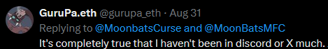 MoonbatsCurse's tweet photo. Hey @ACEBLVZER are you now going to remove @gurupa_eth from the @Moon_Bats Team? The community deserves better than part-timers. As you can see BELOW he hasn't been around. I was always around. It tells people that you value money more than someones time to a cause. @MoonBatsMFC https://t.co/wTRd1tSV7v