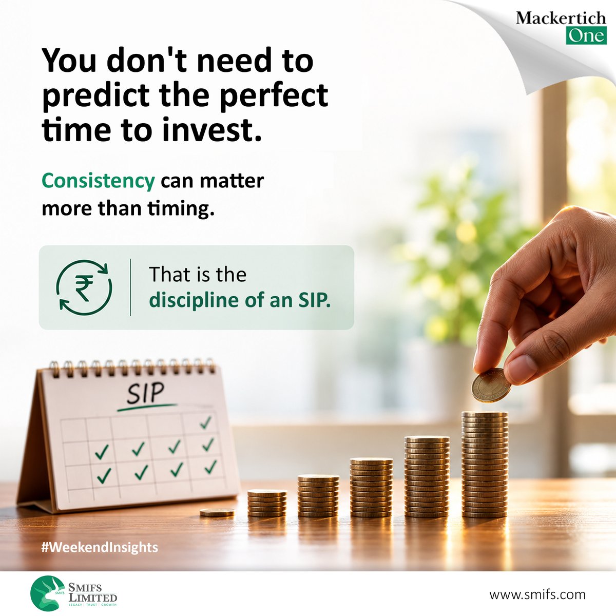 SmifsLimited's tweet photo. You don’t need to predict the perfect time to invest.
Often, consistency matters more than timing.
A disciplined SIP approach can help you stay focused on your long-term financial journey.
#SMIFSLimited #MackertichOne #WeekendInsights #SIP #WealthManagement #Finance https://t.co/jjDGDbzAdb