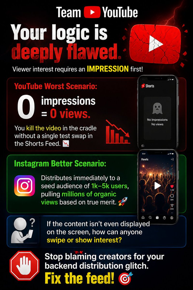 Sehatkatadka's tweet photo. @TeamYouTube Your logic is flawed.
Viewer interest can’t be measured before you create an impression.
0 Shorts Feed impressions = 0 opportunity = 0 views.
If YT doesn’t show the video, viewers can’t watch, swipe, like, share it
Stop blaming creators. Fix the distribution system. https://t.co/4WLaVwZ15E