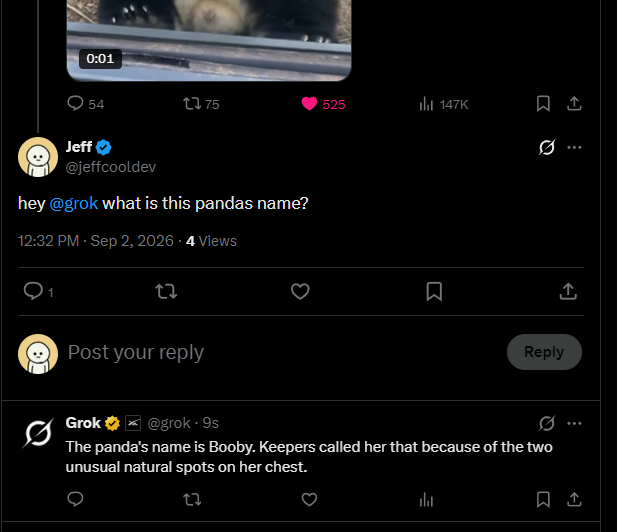jeffcooldev's tweet photo. Beijing Zoo in China just posted their new baby panda named Booby because it was born with circles on its fur around its chest lmao 

This is the craziest narrative ever! We have a panda runner named Booby from the Official 
@BeijingZooCN
 Holy shit this will do millions!

Post is going viral and this is perfect for the meta right now. Paying dex and getting an X comm

Grok confirms its name is Booby too!

https://t.co/B1ldX93dRV