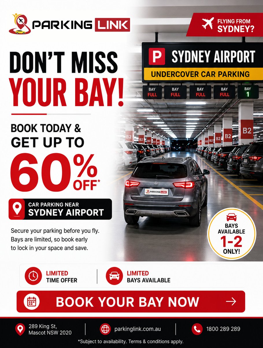 Parkinglinkau's tweet photo. ✈️ Flying from Sydney?
🚗 Limited bays available!
Save up to 60% OFF on undercover airport parking. Book early and travel stress-free.
#ParkingLink #SydneyAirportParking #SydneyAirport https://t.co/epZIp8k4bc