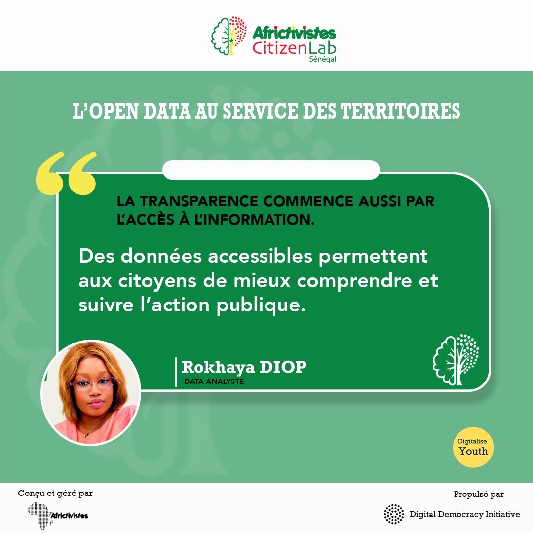citizenlabsn's tweet photo. 🎙️ LES VOIX DE L’OPEN DATA | Retour sur le webinaire

Qu’est-ce que l’Open Data peut réellement changer dans nos territoires ?
Lors du webinaire « L’Open Data au service des territoires : quelles réalités locales ? », Rokhaya Diop .
#DDI #YDC #CitizenLab #AfricTivistes https://t.co/U5rKu49u2O
