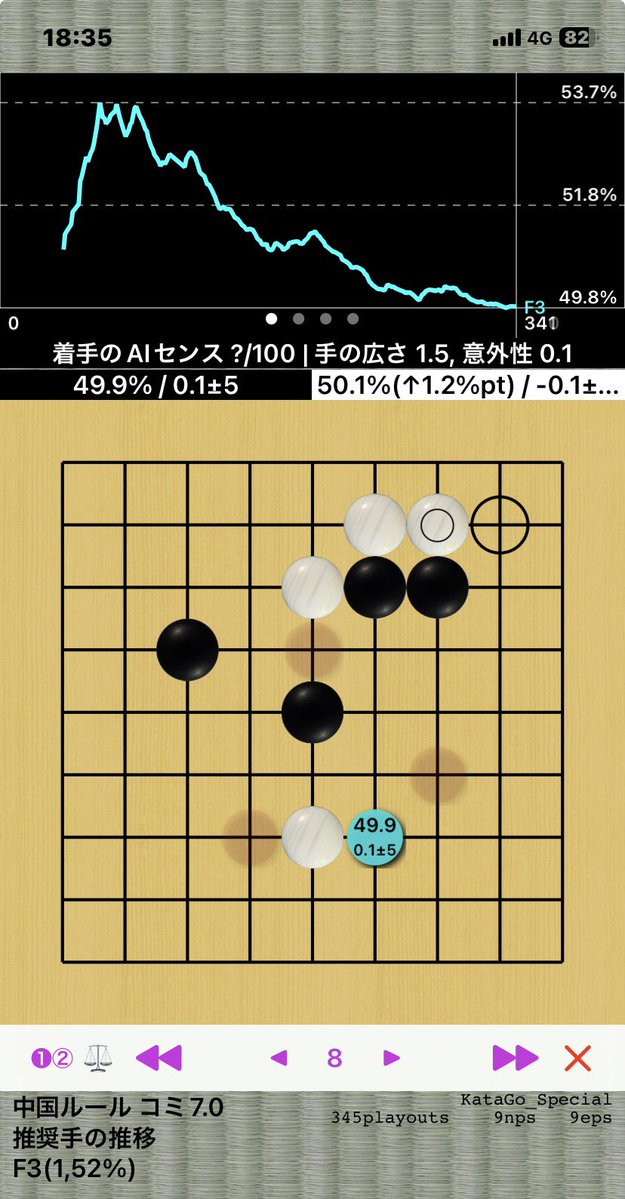 tata01_go's tweet photo. 衝撃的🫨
負けが多い戦型をアプリ囲碁の師��で��討しました。
2線をハネてばかりいたが、推奨手は、まったく別でした。 https://t.co/rFFumBS66A