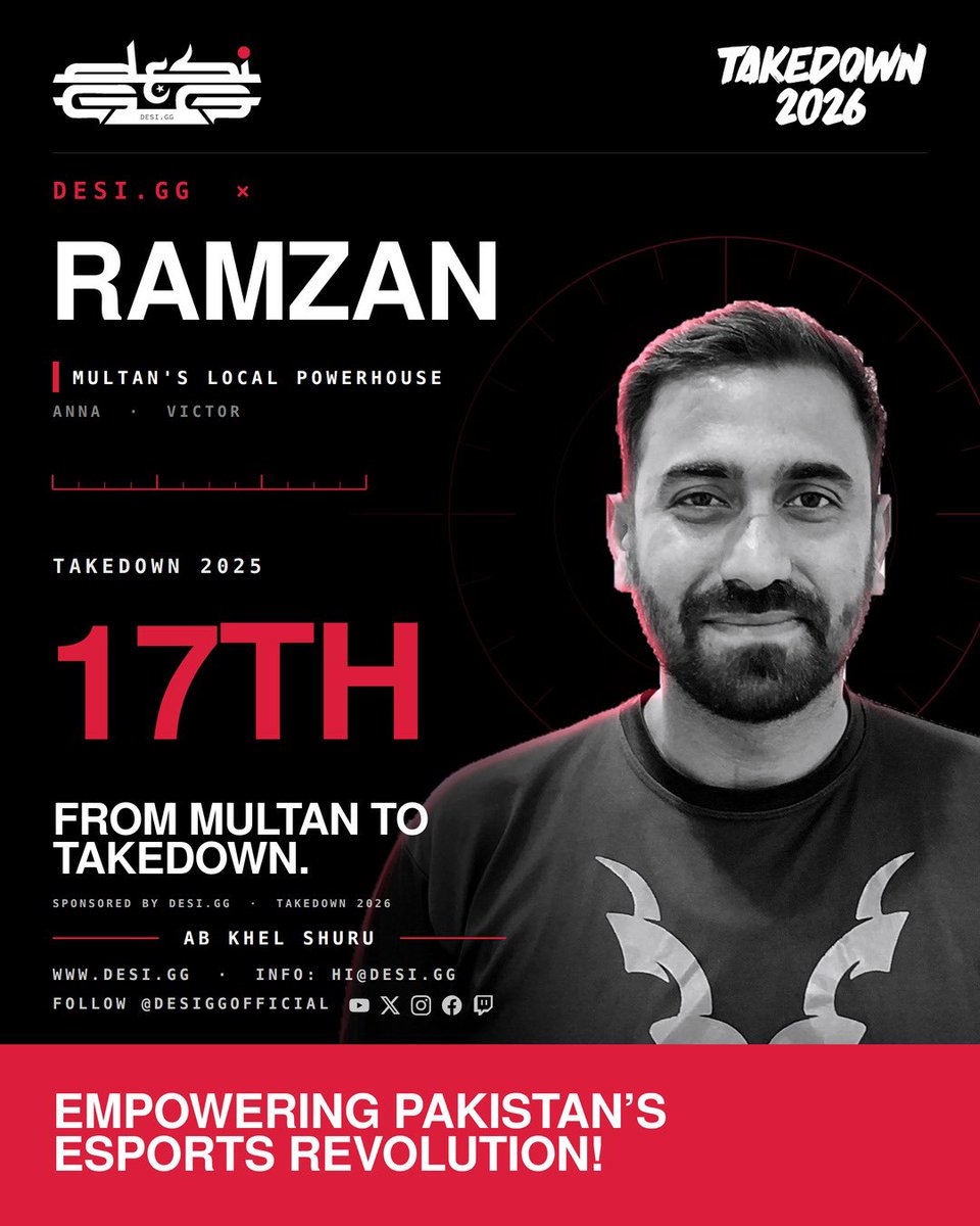 Desiggofficial's tweet photo. ⚡ RAMZAN JOINS https://t.co/q7HKAREPhT! 🇵🇰

We’re proud to sponsor Ramzan for Takedown 2026.

The stage is set. The opponents are ready.
Now it’s time to Jab Check. 👊🔥

Empowering Pakistan’s Esports Revolution!

#desigg #Takedown2026 #Tekken8 #PakistanEsports https://t.co/QMvAU6TVMn